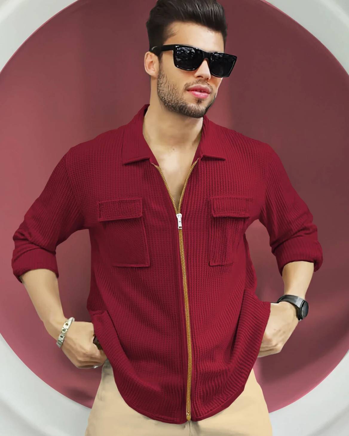 Zip Relaxed Fit Double Poacket Full Sleeve Waffle Shirt / Red