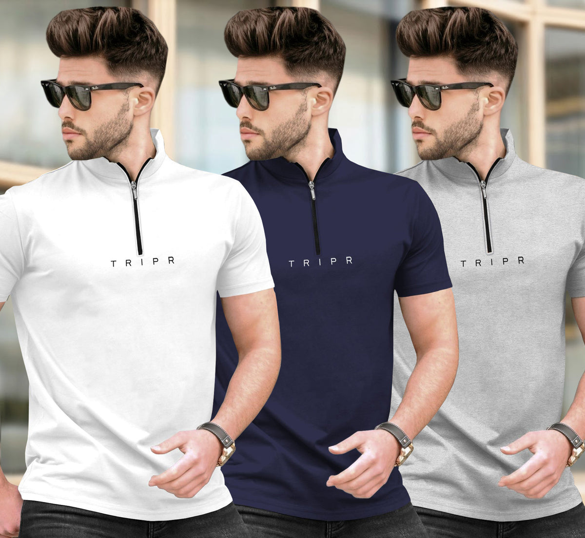 (Pack Of 3) High Neck Half Sleeve Plain T-shirts Multicolor
