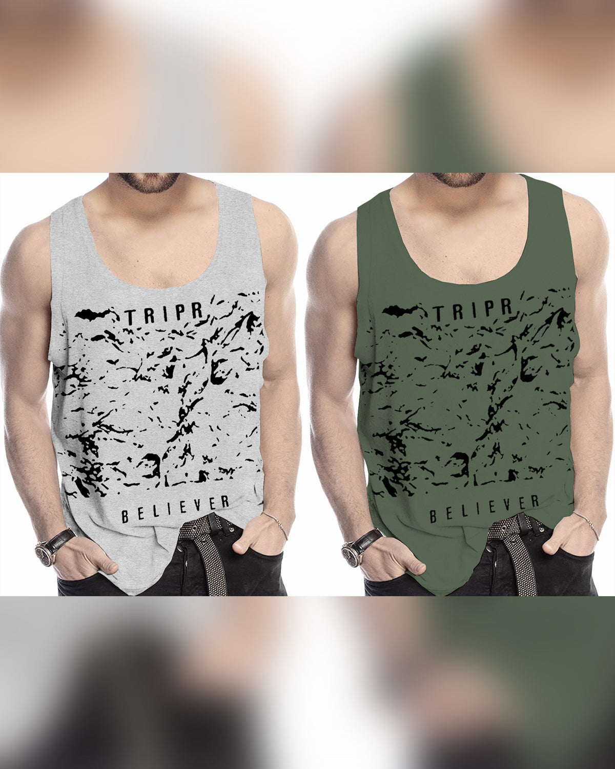 Men Believer Printed Vest Combo - Grey - Green (Pack of 2)