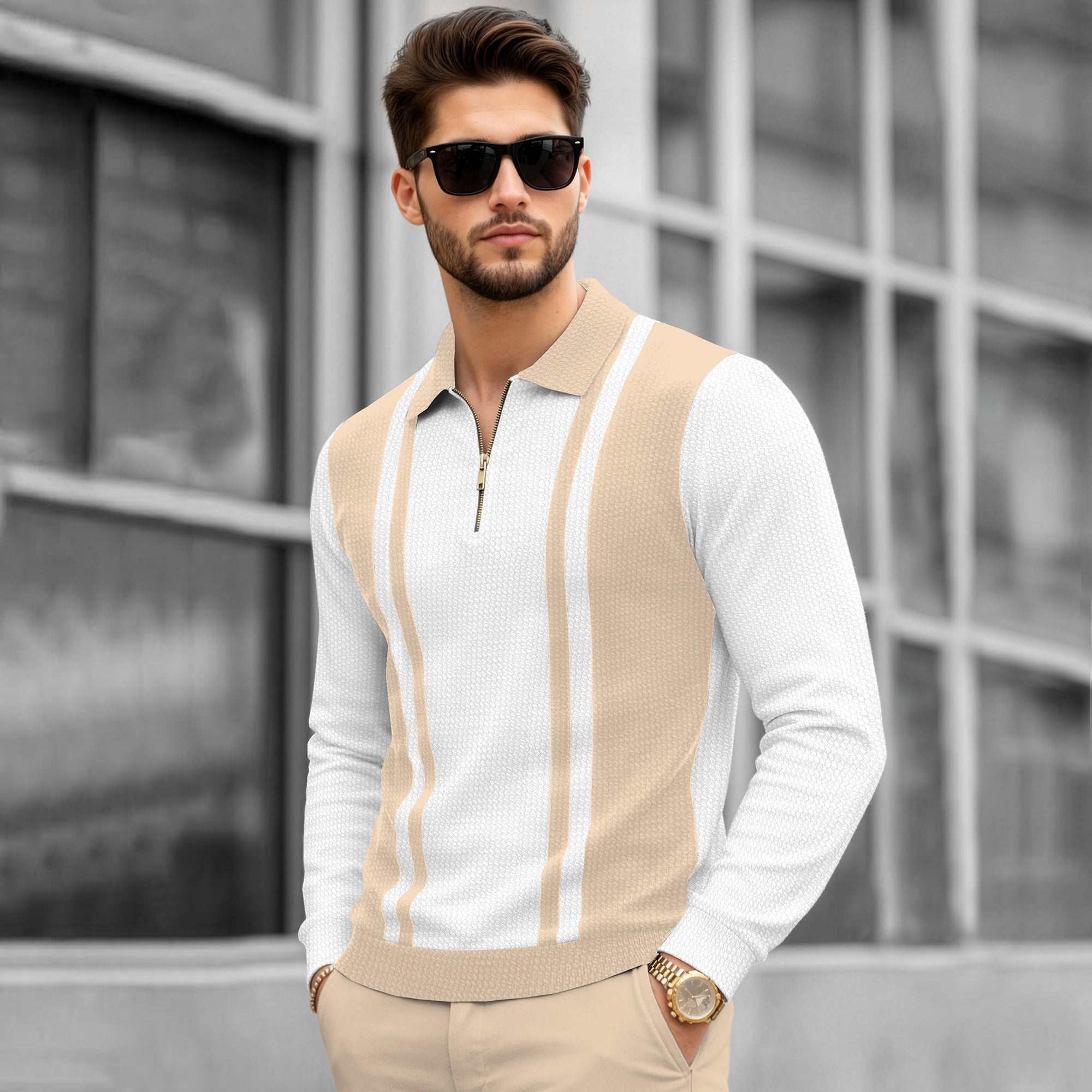 Color Blaocked Quarter Zip Polo Neck Vertical Striped Full Sleeve T-shirt White & Beige