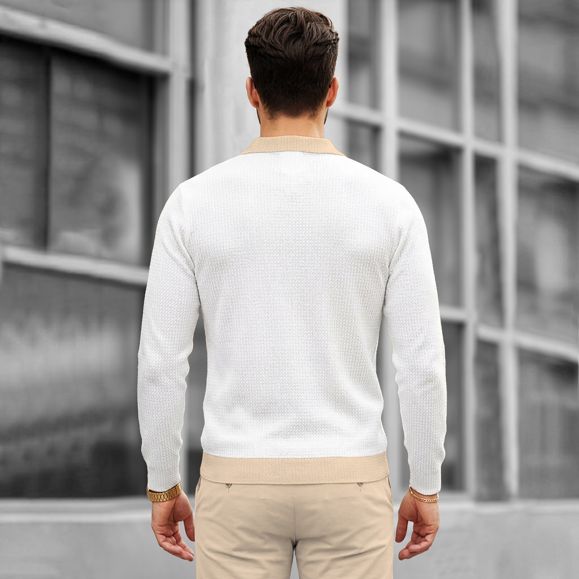 Color Blaocked Quarter Zip Polo Neck Vertical Striped Full Sleeve T-shirt White & Beige