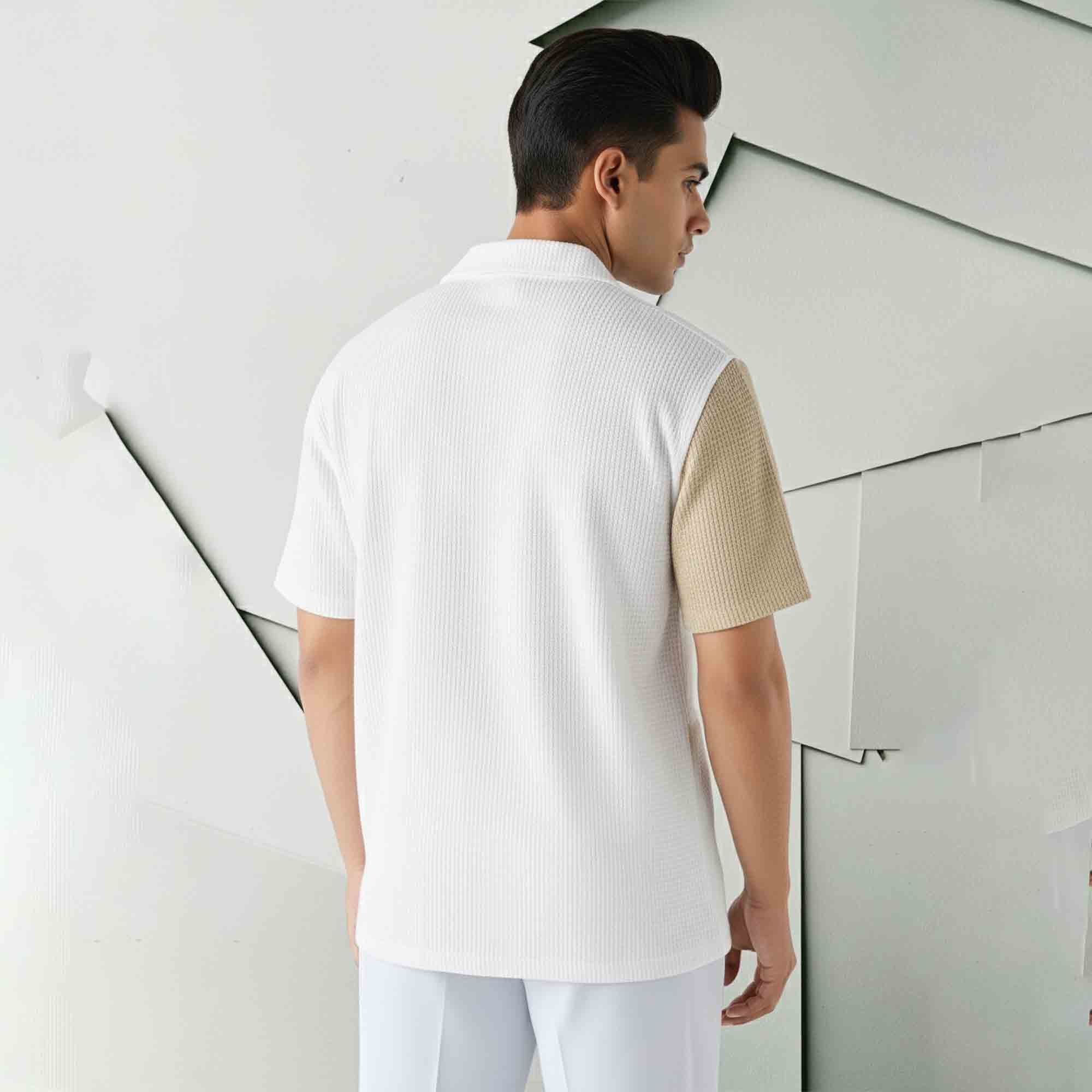 Mens Textured Pattren Half Sleeve White & Beige Shirt