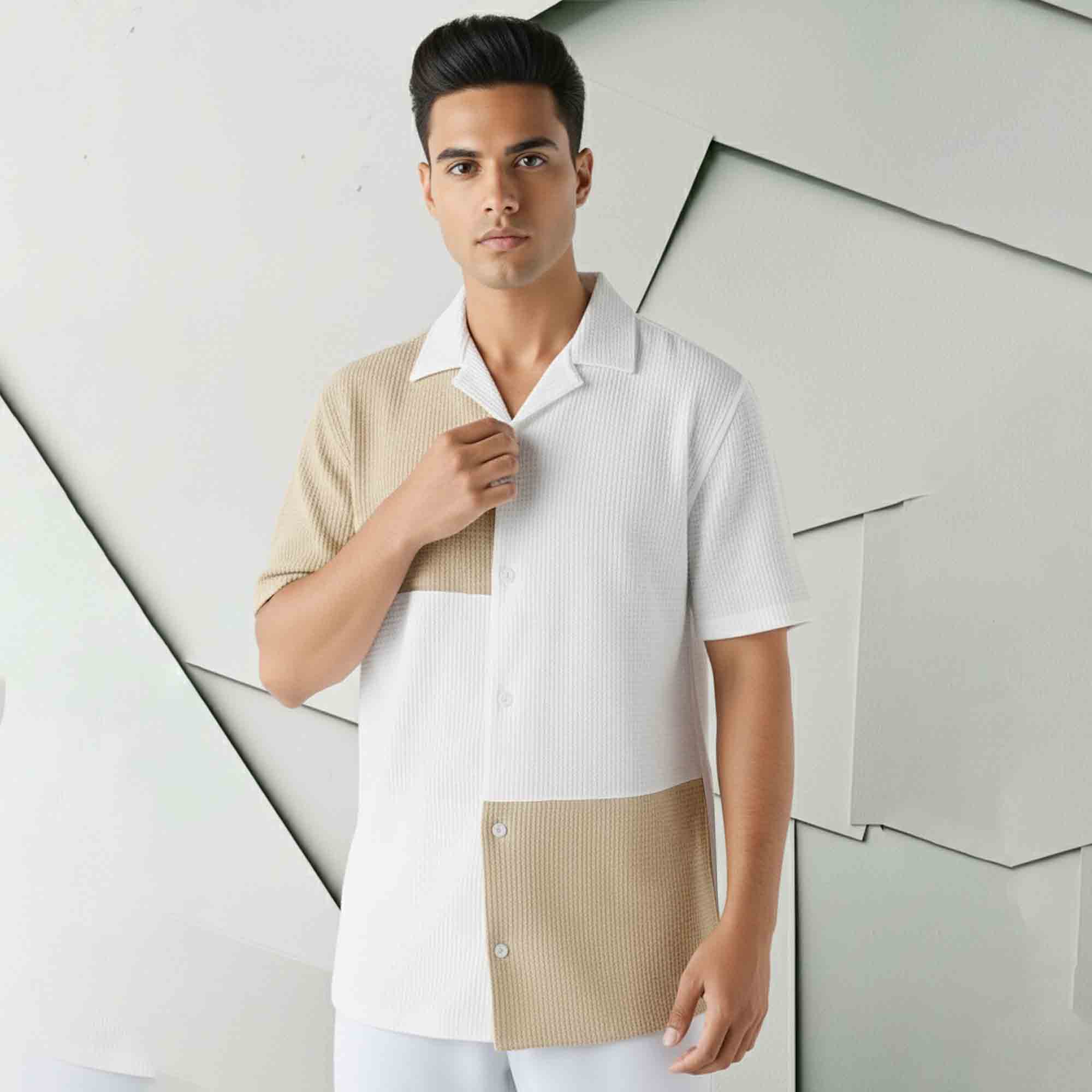 Mens Textured Pattren Half Sleeve White & Beige Shirt