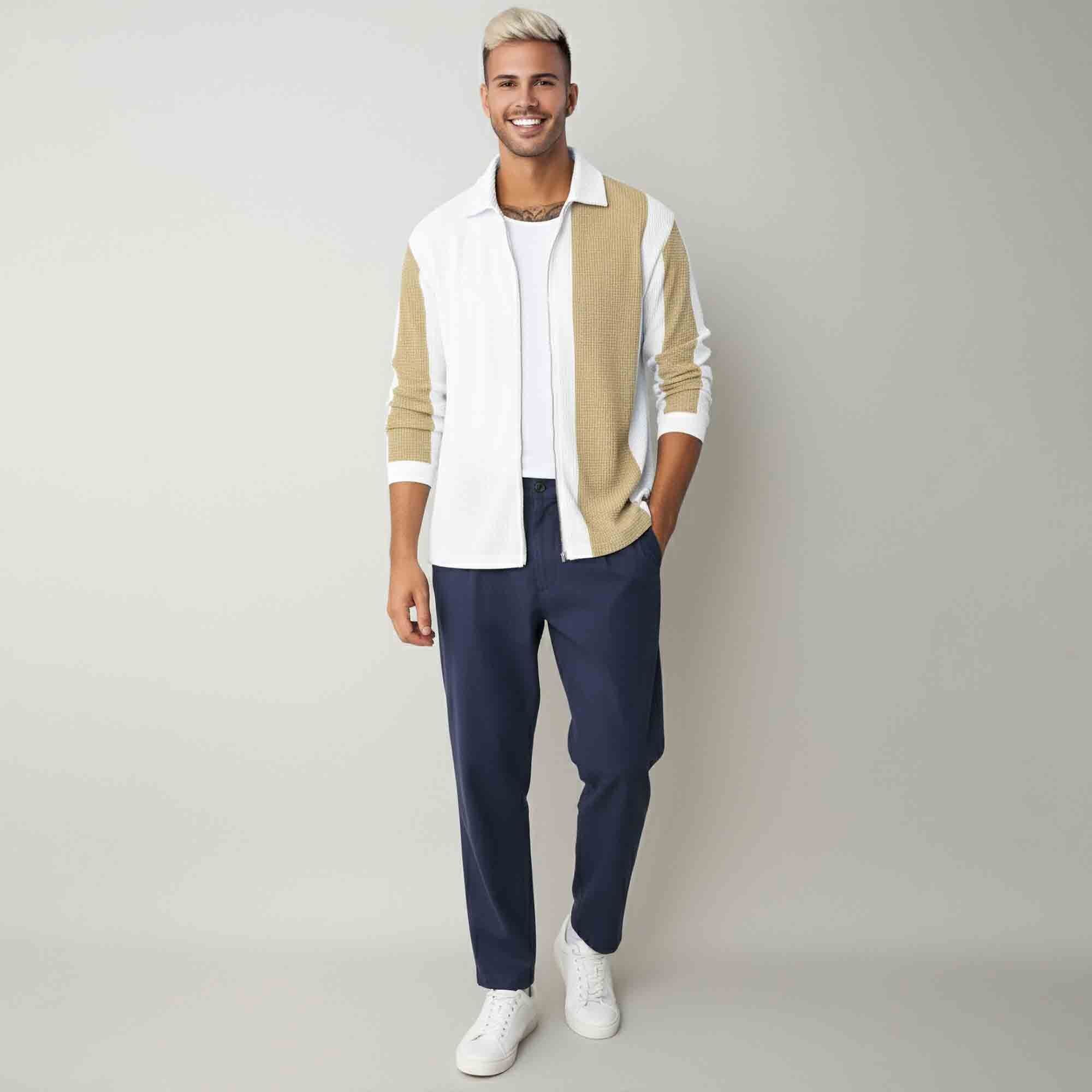 Mens Regular Fit Striped Casual Zipper Shirt White & Beige