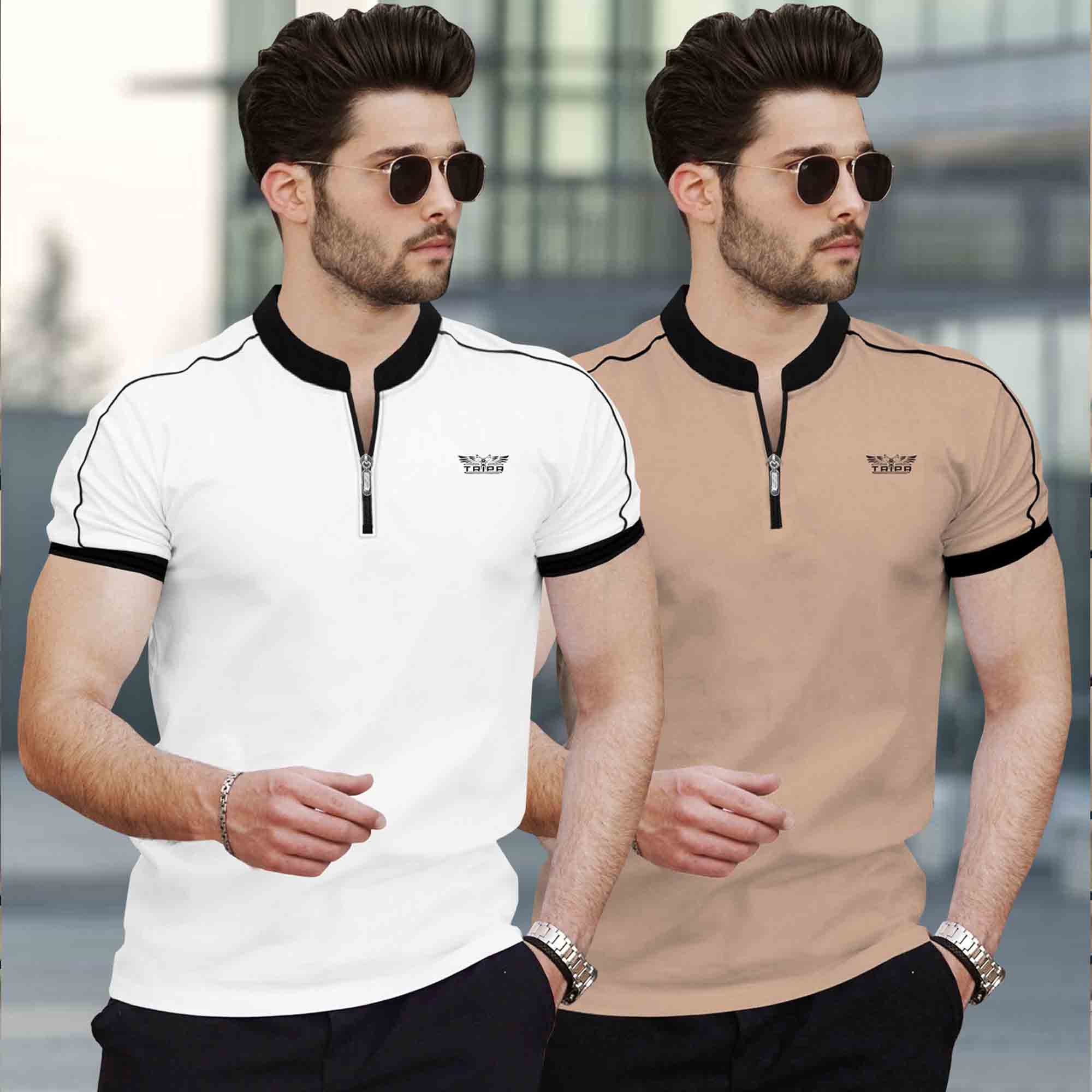 Mandarin Neck Half Sleeve Multicolor (Pack Of 2) T-shirts-12 Variants