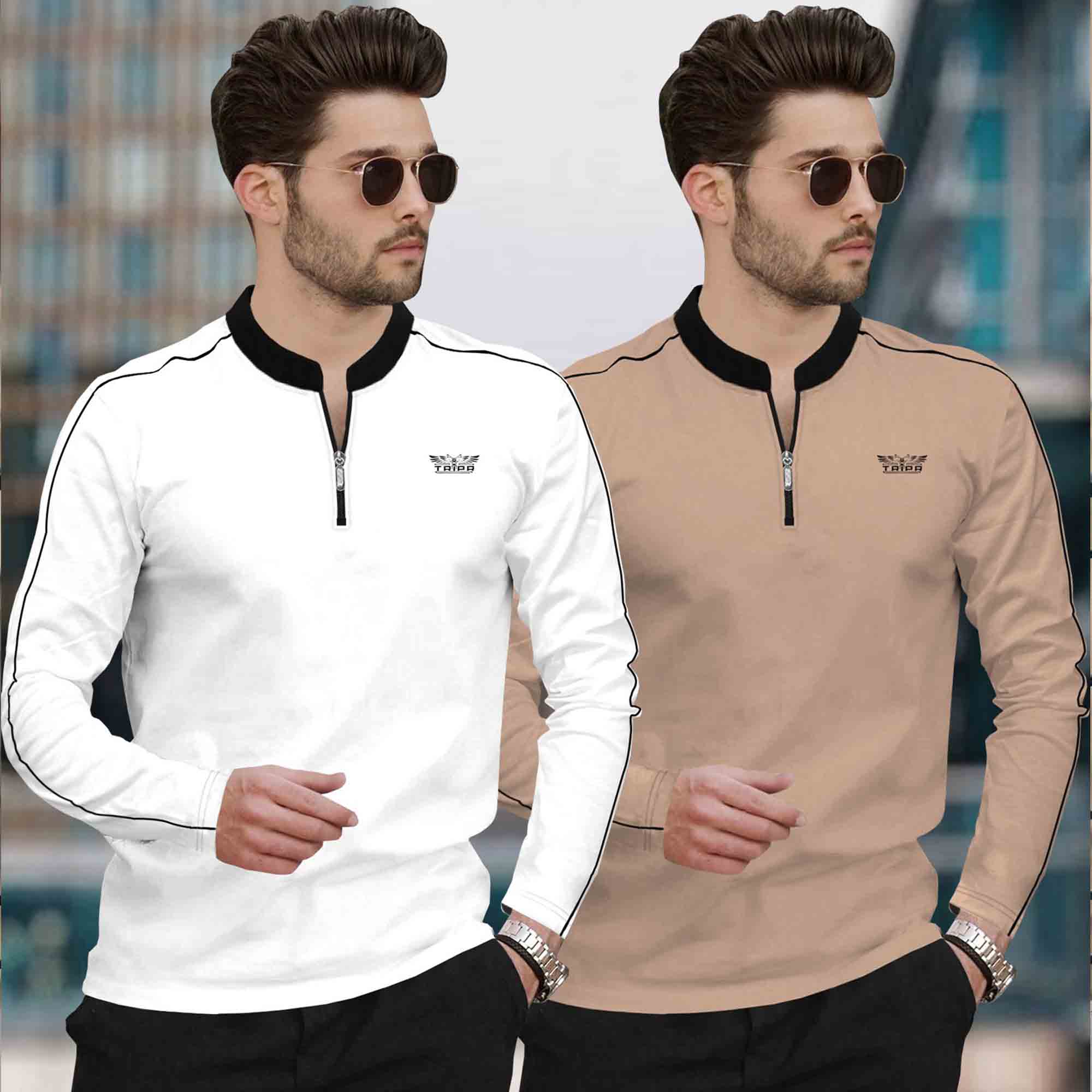 (Pack Of 2) Mandarin Neck Full Sleeve Multicolor Tshirts- 10 Variants
