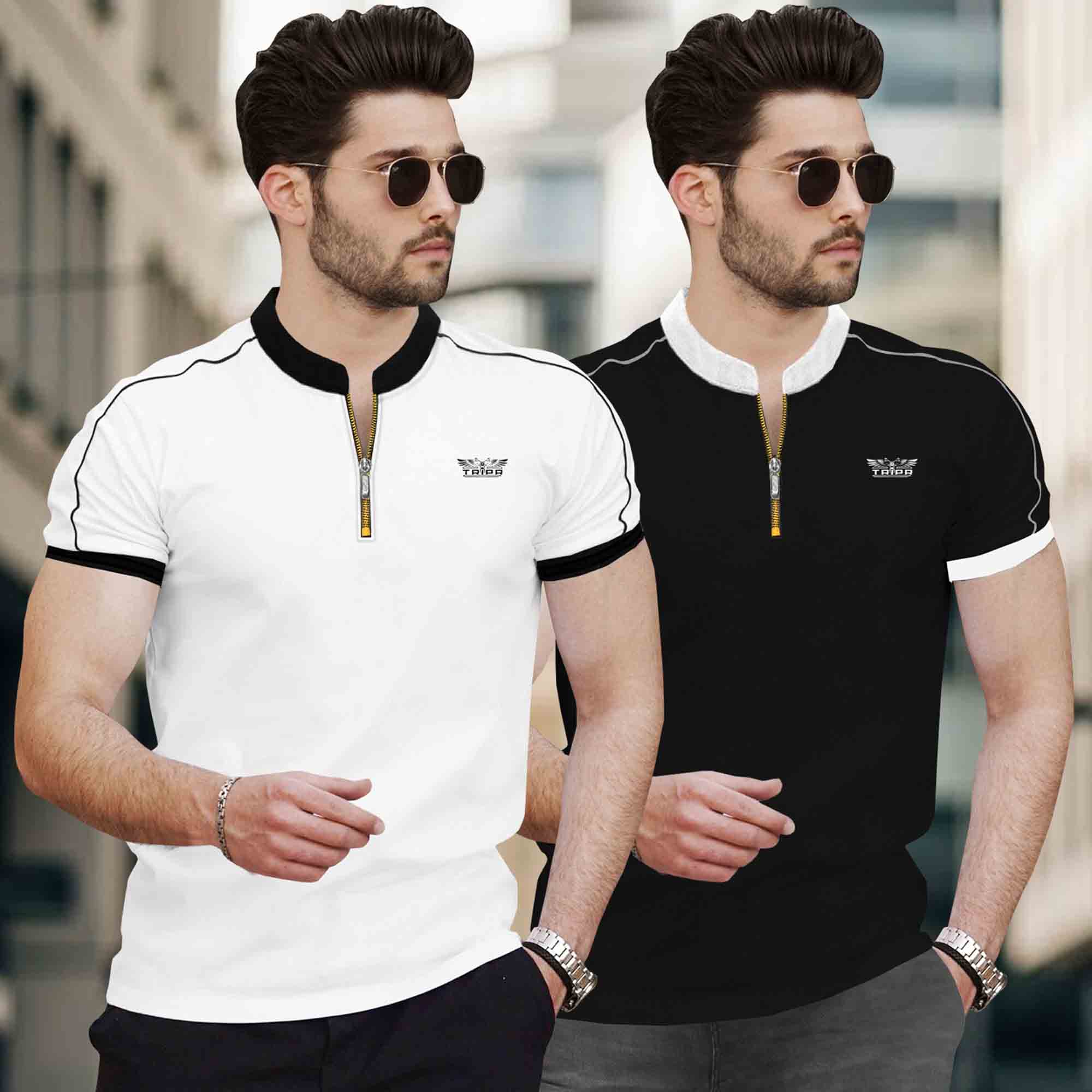 Men Pack of 2 Mandarin Collar Golden Zip Neck Combo Tshirts