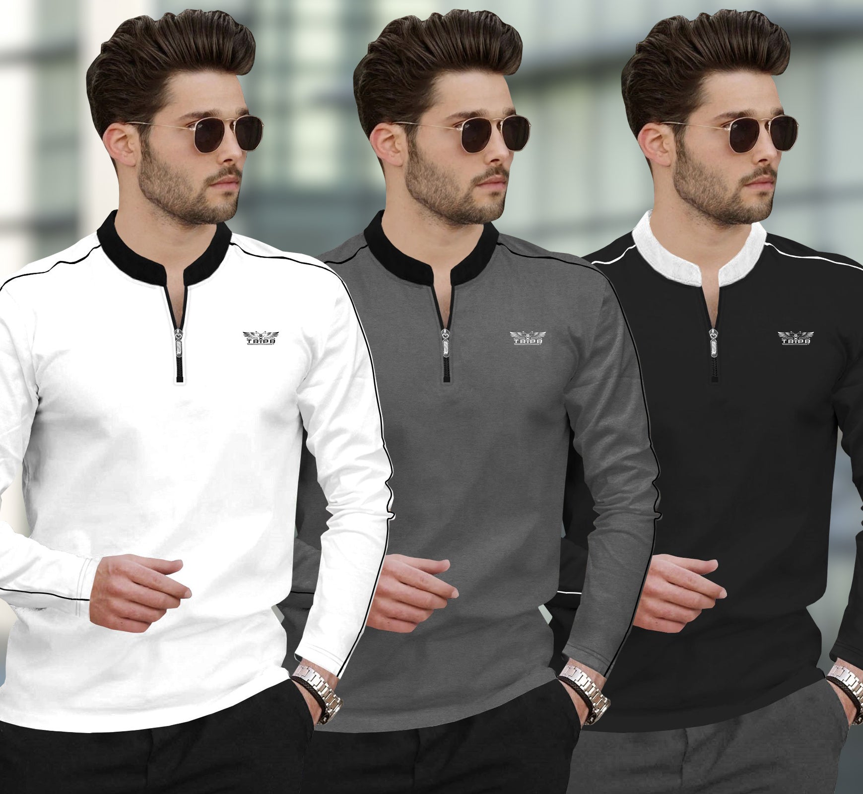(Pack Of 3) Henley Neck Full Sleeve Colorblocked T-shirts