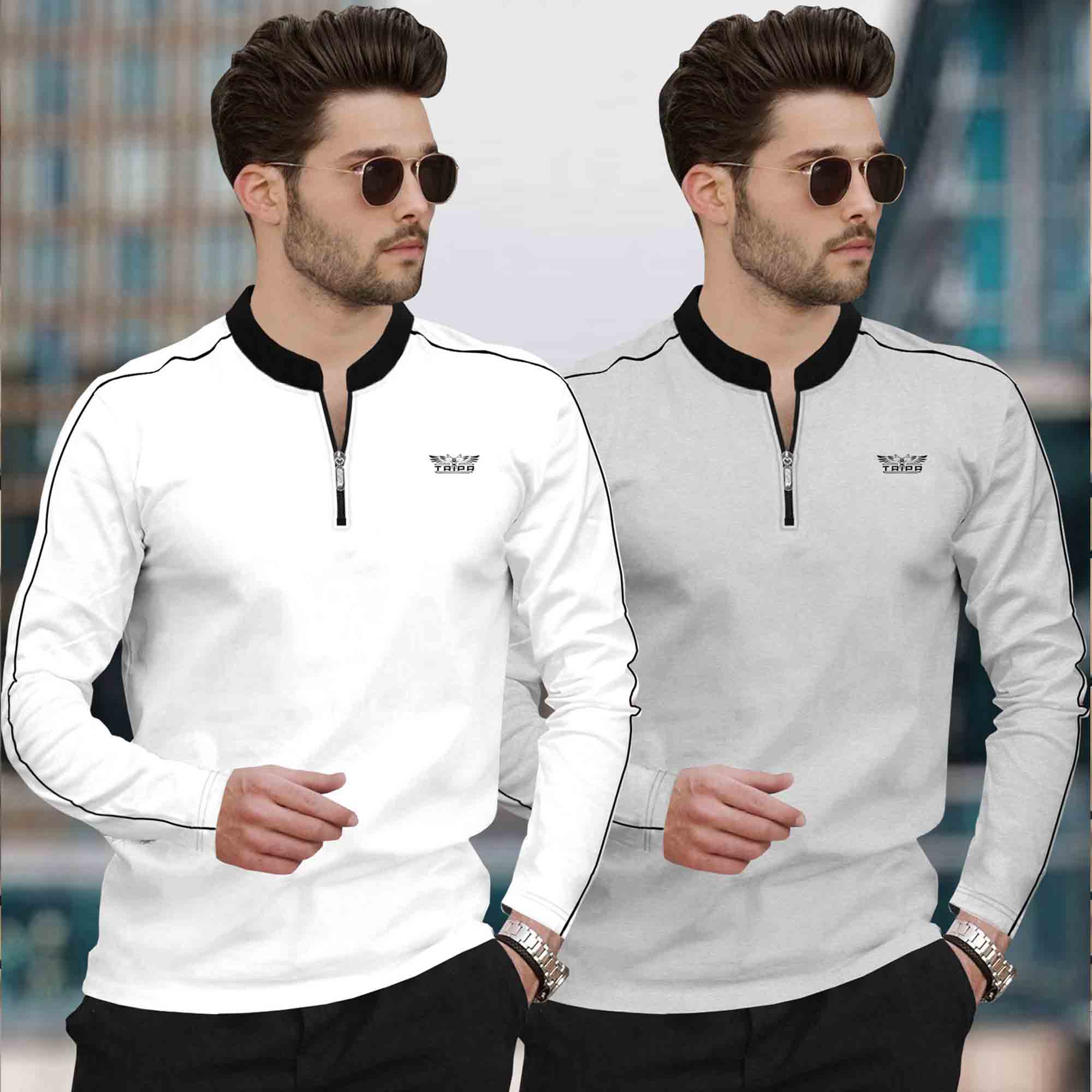 (Pack Of 2) Mandarin Neck Full Sleeve Multicolor Tshirts- 10 Variants