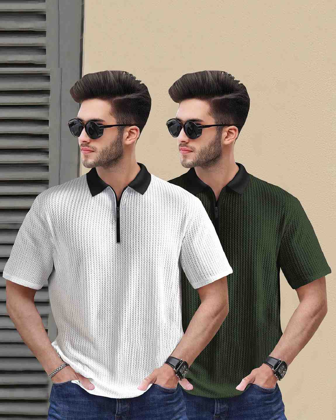 (Pack Of 2) Men White & Olive Textured Polo Contrast Half Sleeve Waffle T-shirts