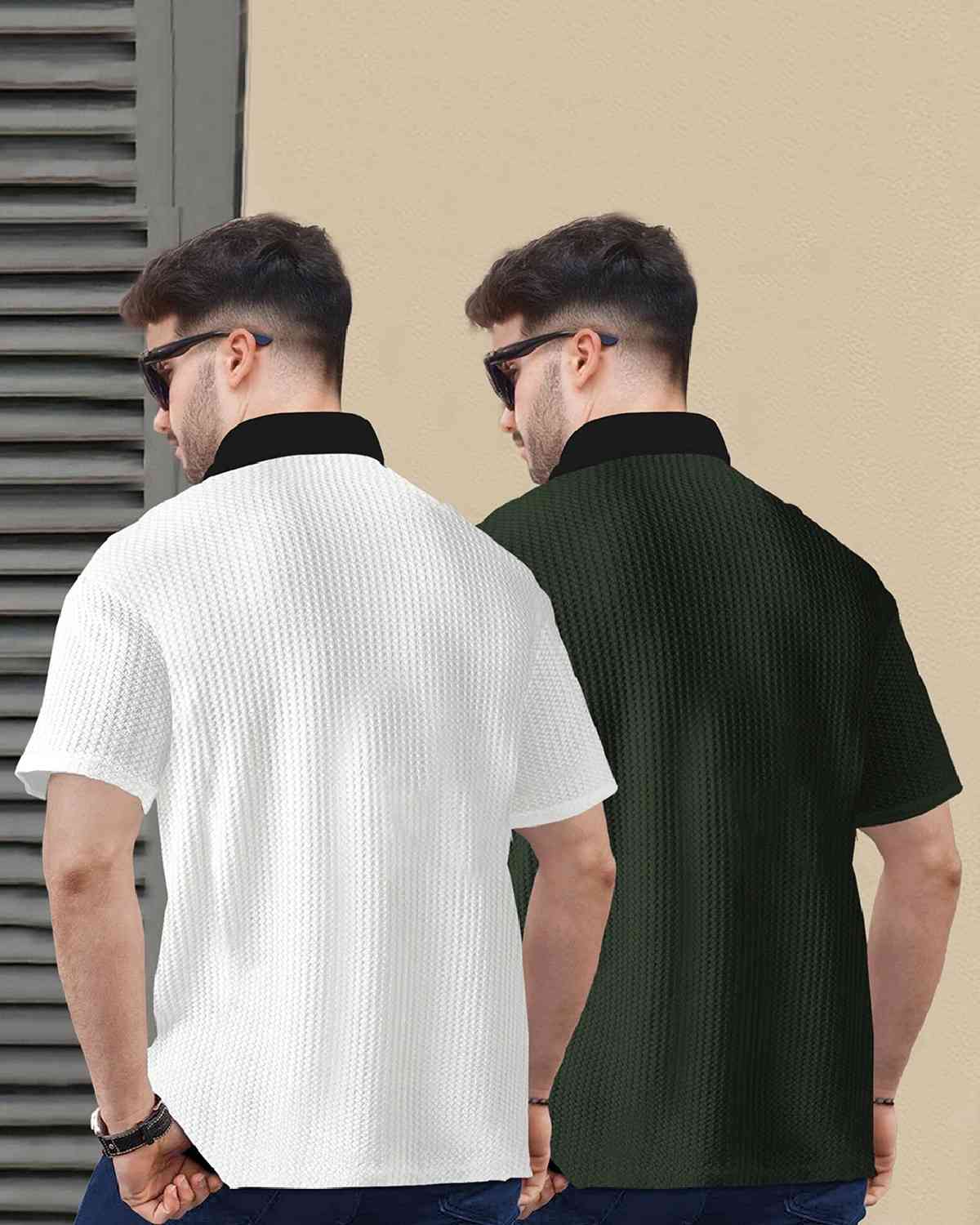 (Pack Of 2) Men White & Olive Textured Polo Contrast Half Sleeve Waffle T-shirts