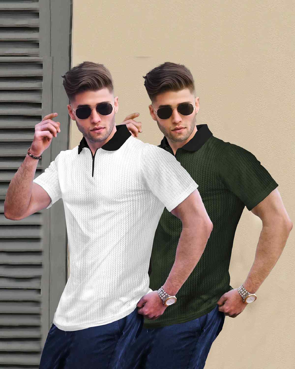 (Pack Of 2) Men White & Olive Textured Polo Contrast Half Sleeve Waffle T-shirts
