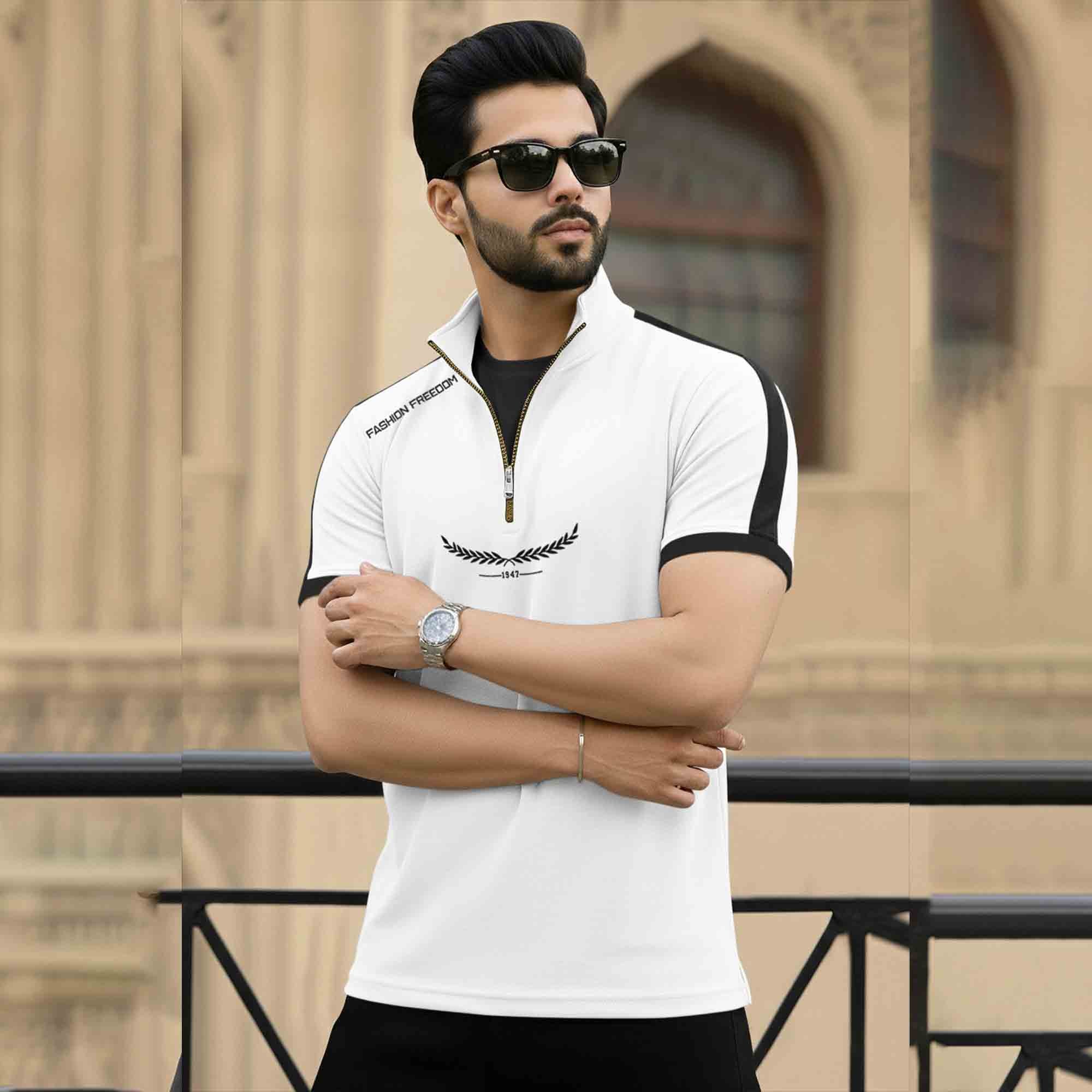 Dual Color High Neck Printed Tshirt White & Balck
