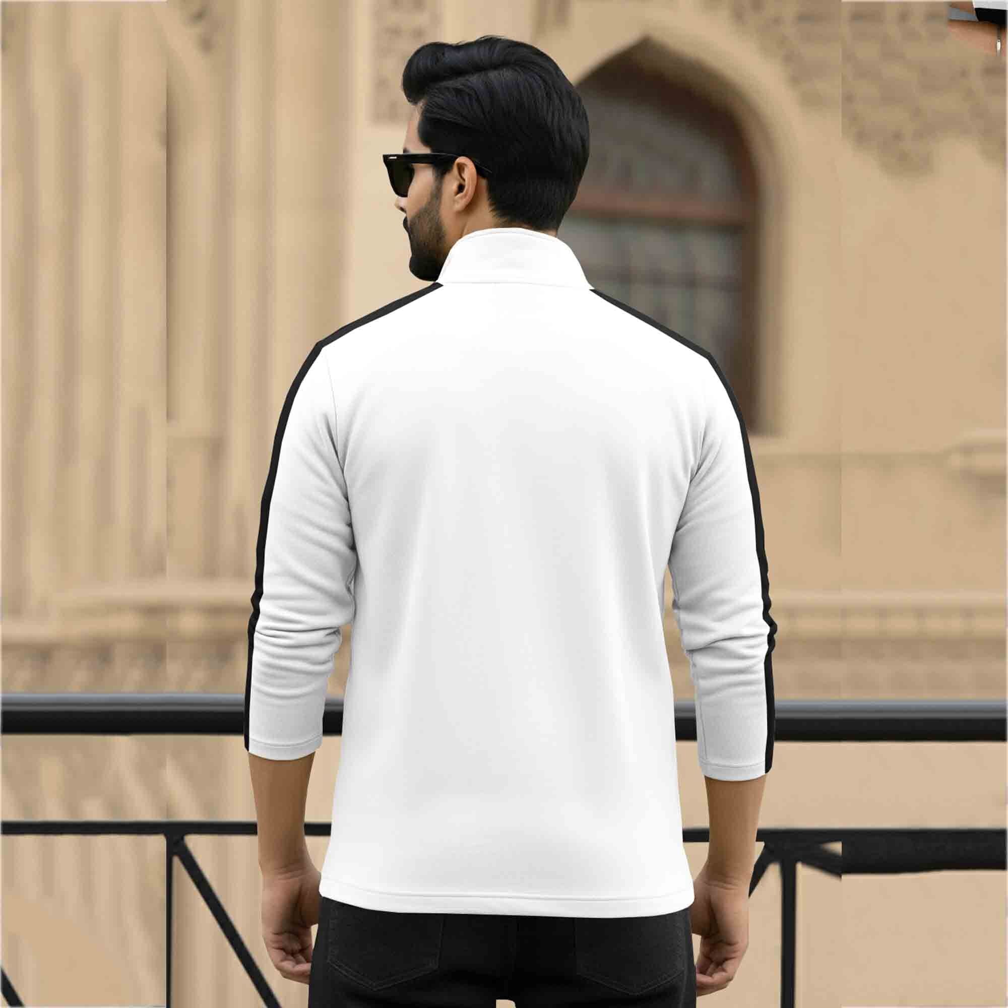 Men Full Sleeve Round Neck Cotton Blend White-Black T-Shirt
