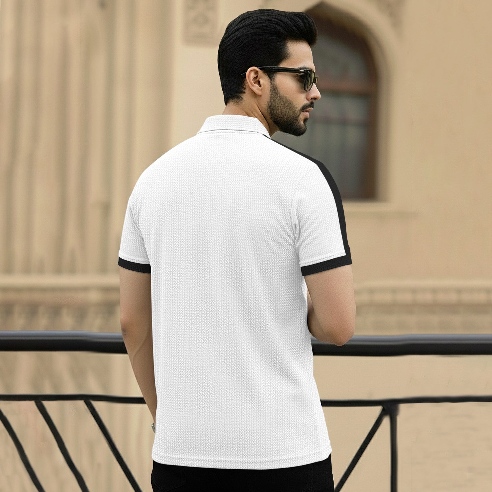 Men Quarter Zip Polo Neck Half Sleeve T-SHIRT White & Black
