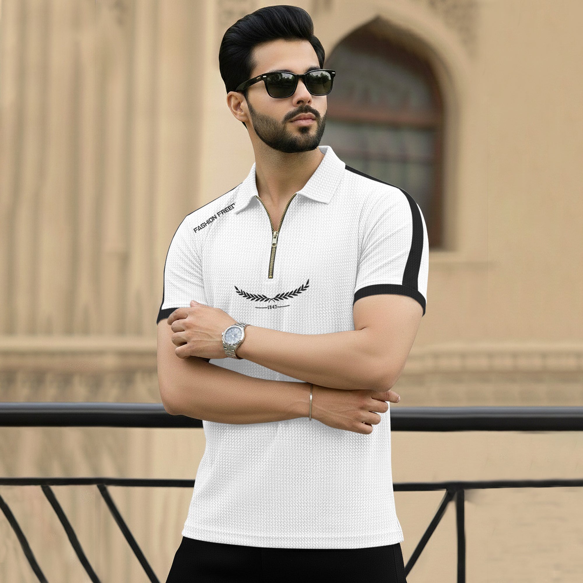 Men Quarter Zip Polo Neck Half Sleeve T-SHIRT White & Black