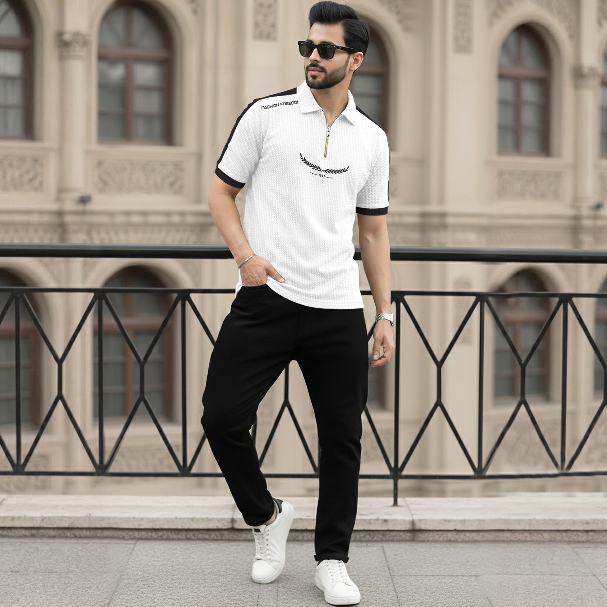 Men Quarter Zip Polo Neck Half Sleeve T-SHIRT White & Black