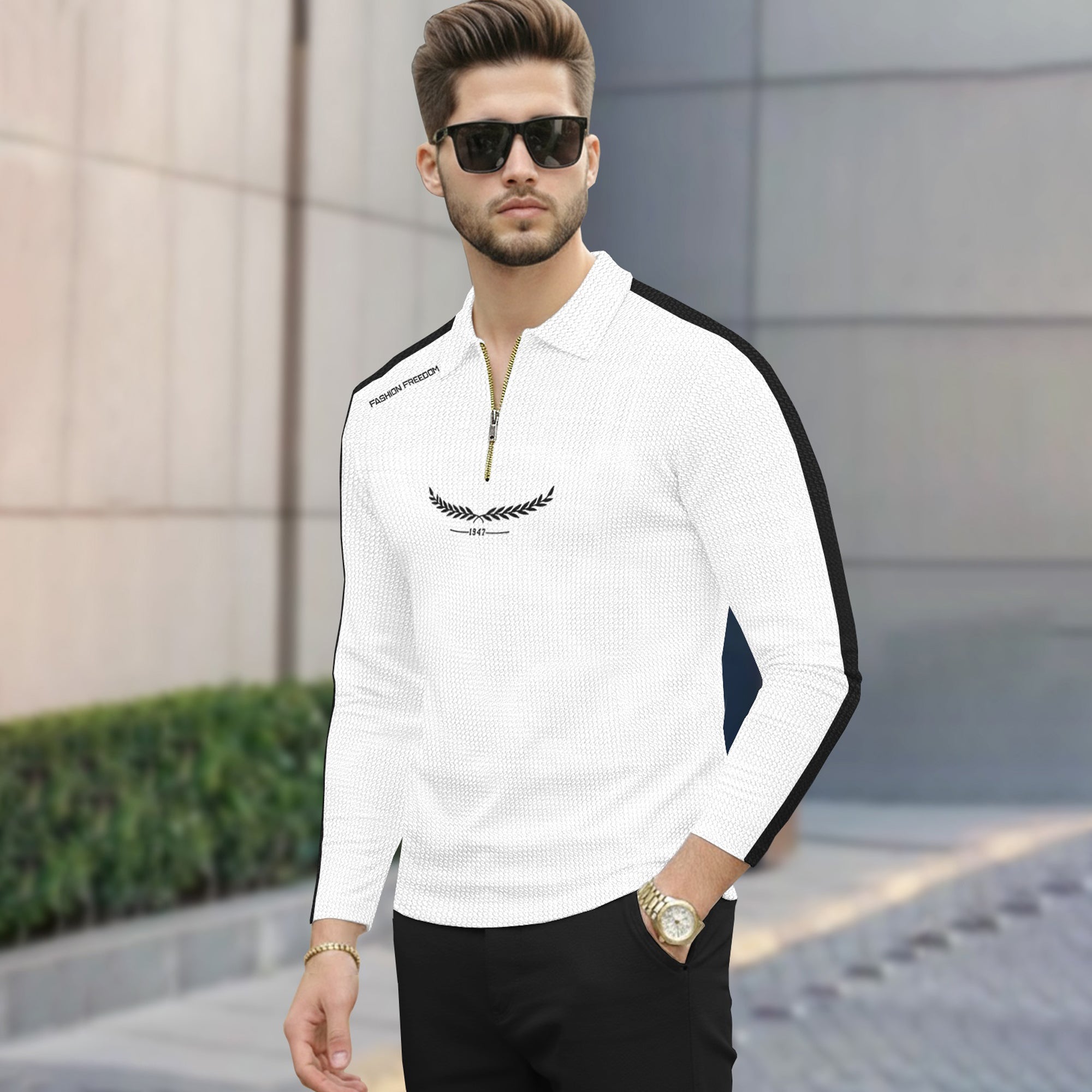 Men Quarter Zip Polo Neck Printed T-SHIRT White & Black