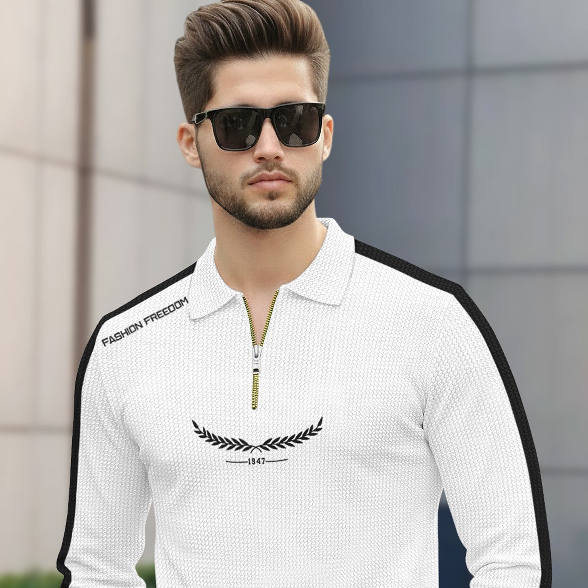 Men Quarter Zip Polo Neck Printed T-SHIRT White & Black