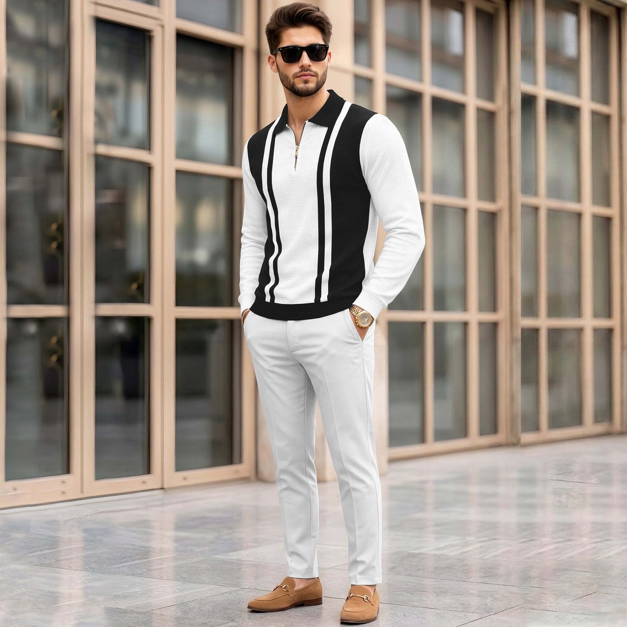 Color Blaocked Quarter Zip Polo Neck Vertical Striped Full Sleeve T-shirt White & Black