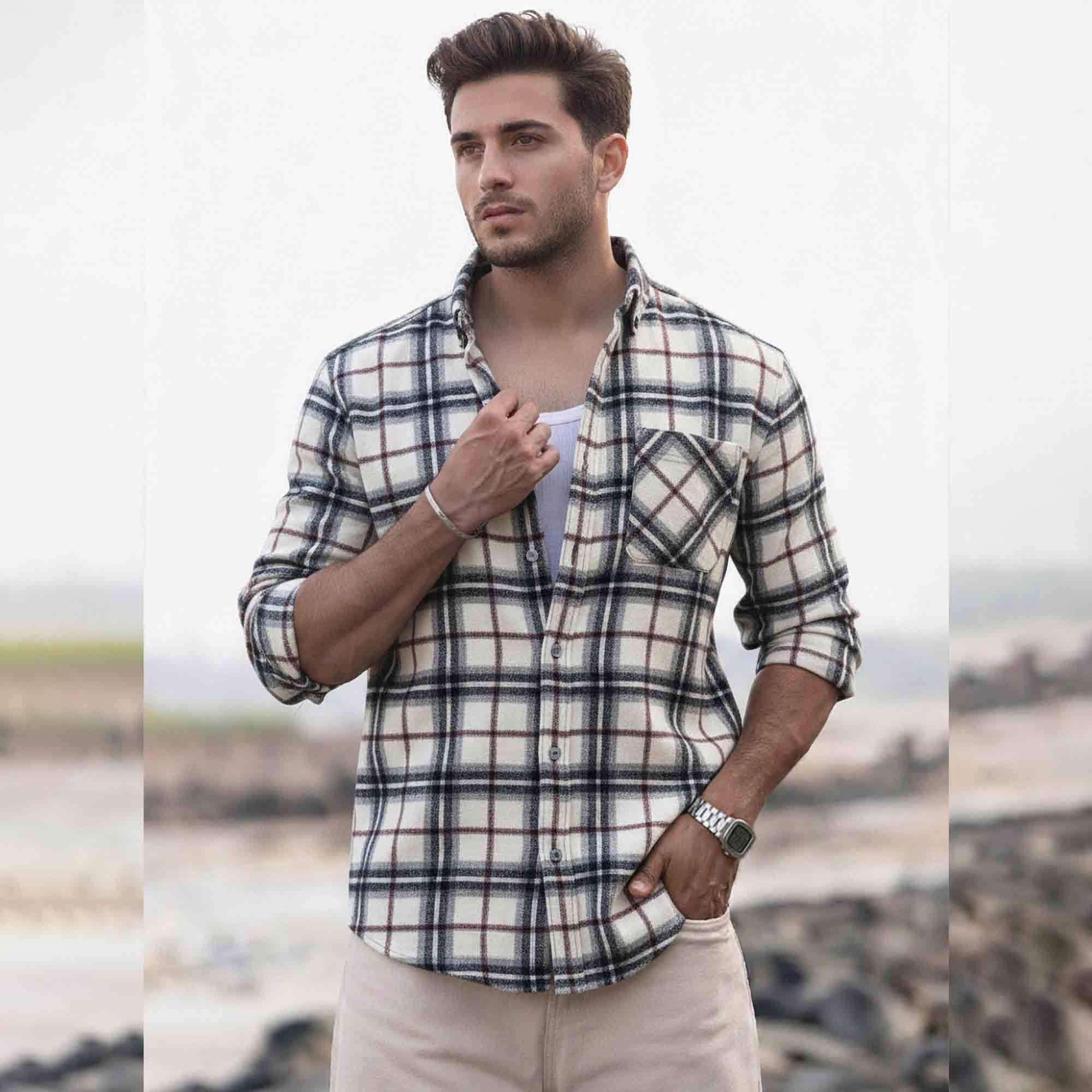 Mens Regular Fit Cotton Checked Shirt White & Black