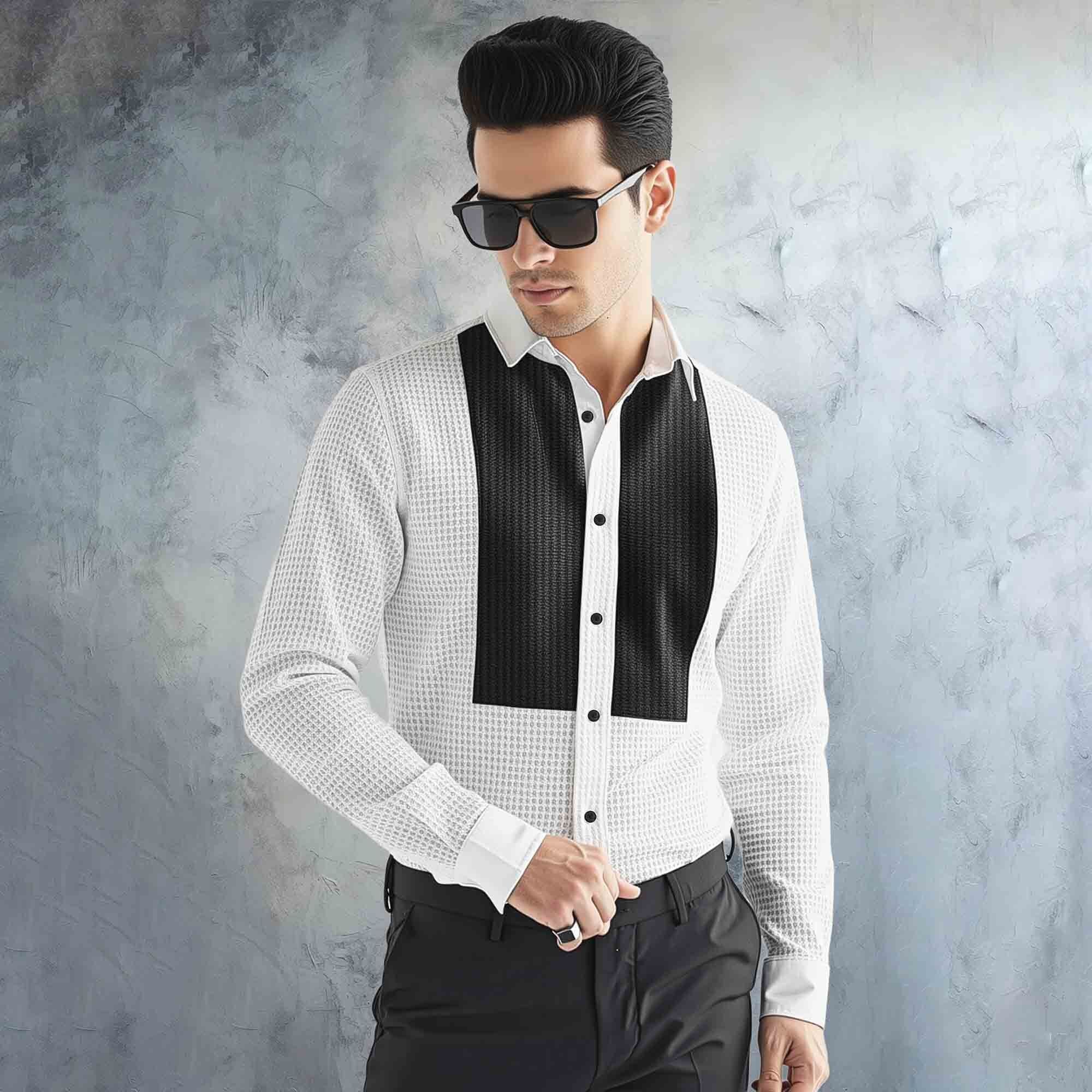 Men Full Sleeve Textrued Shirt White