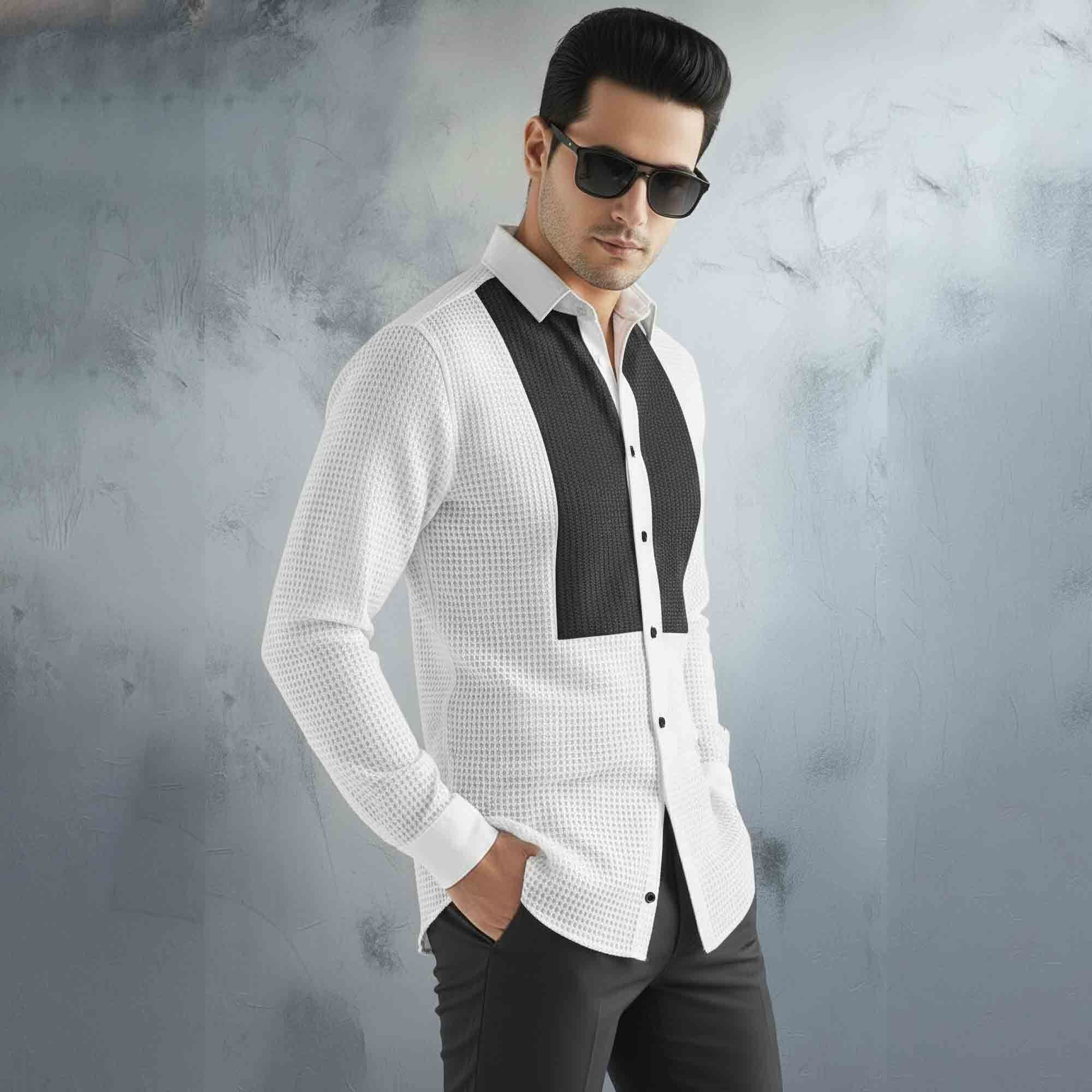Men Full Sleeve Textrued Shirt White