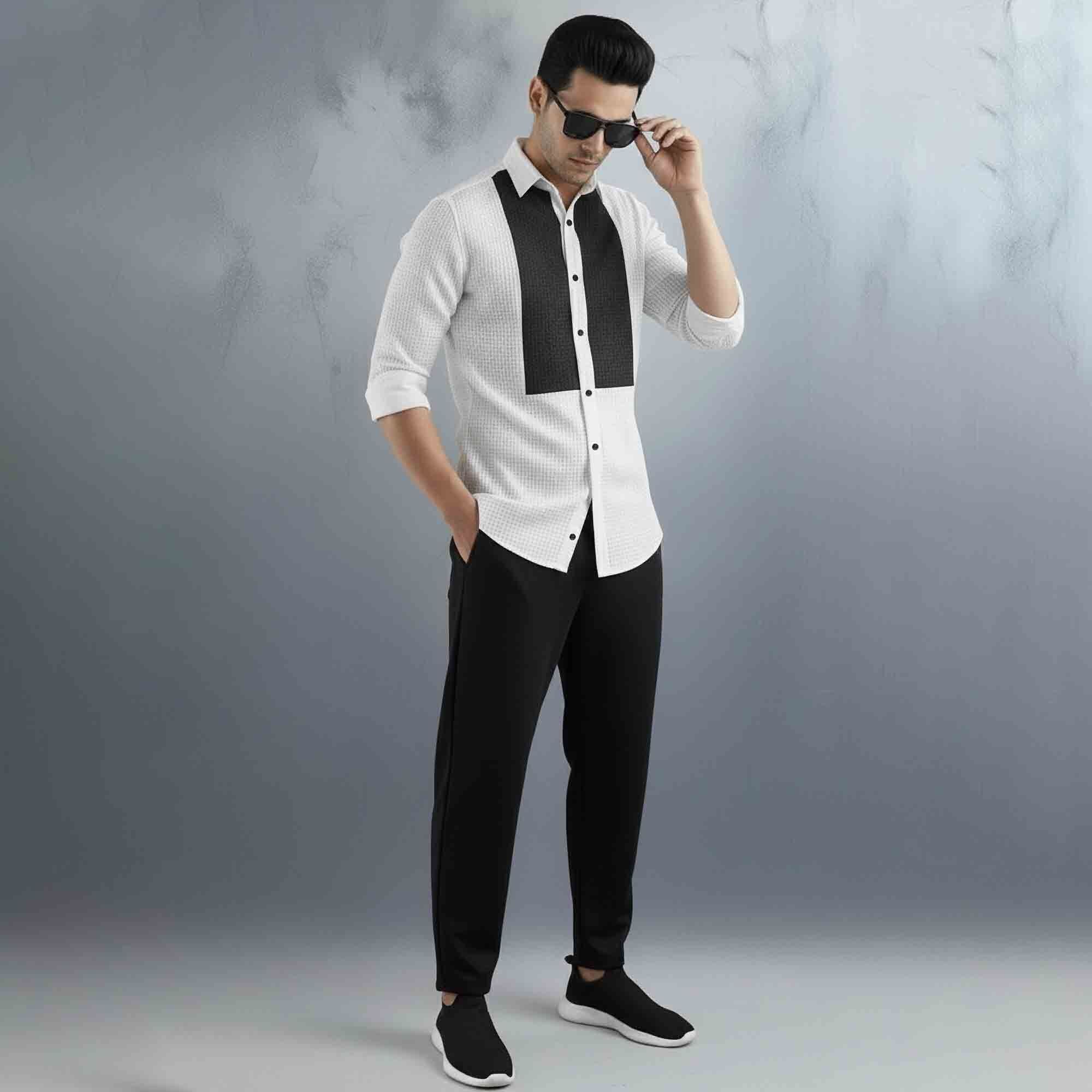 Men Full Sleeve Textrued Shirt White