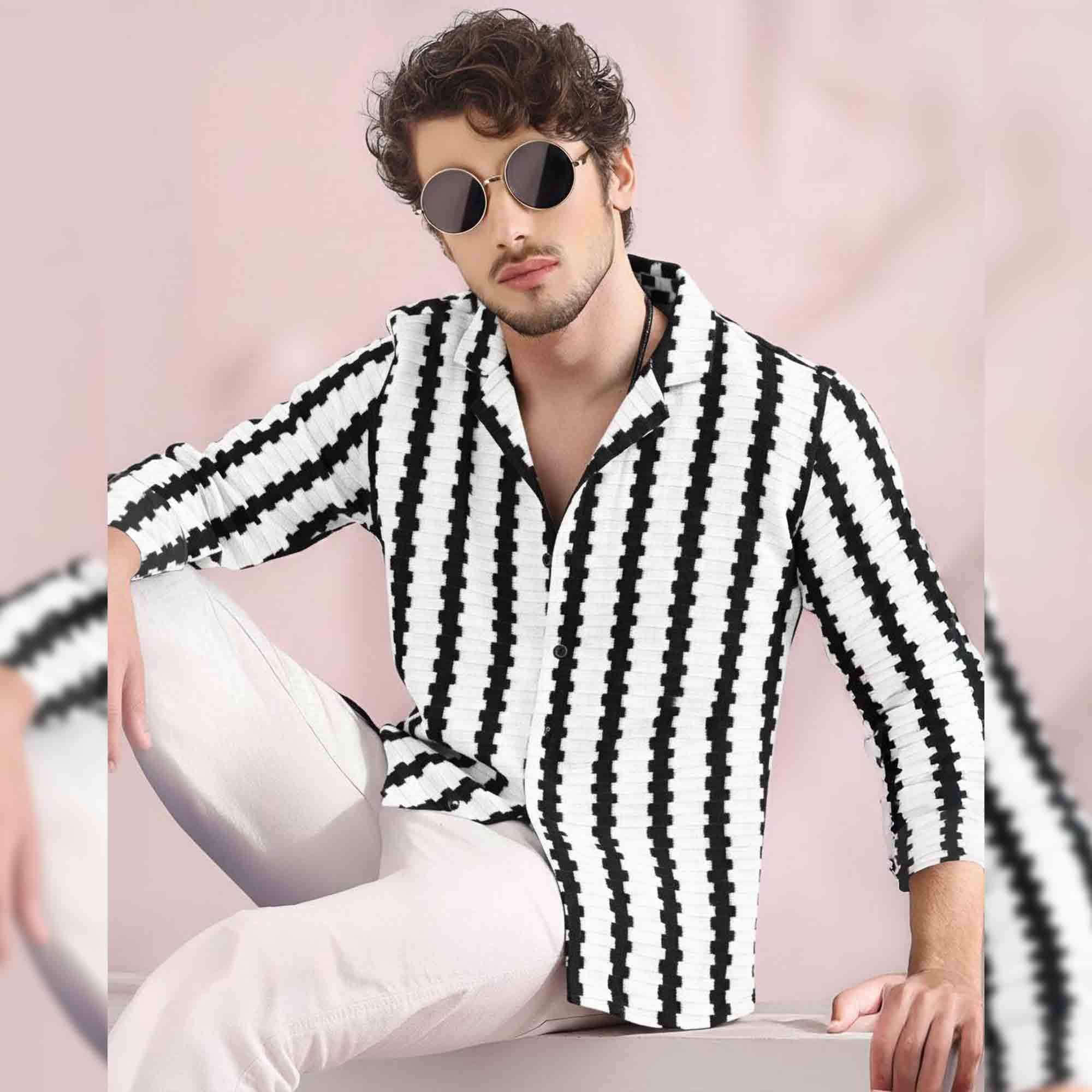 Mens Textured Striped Button Full Sleeve Shirt Black & White