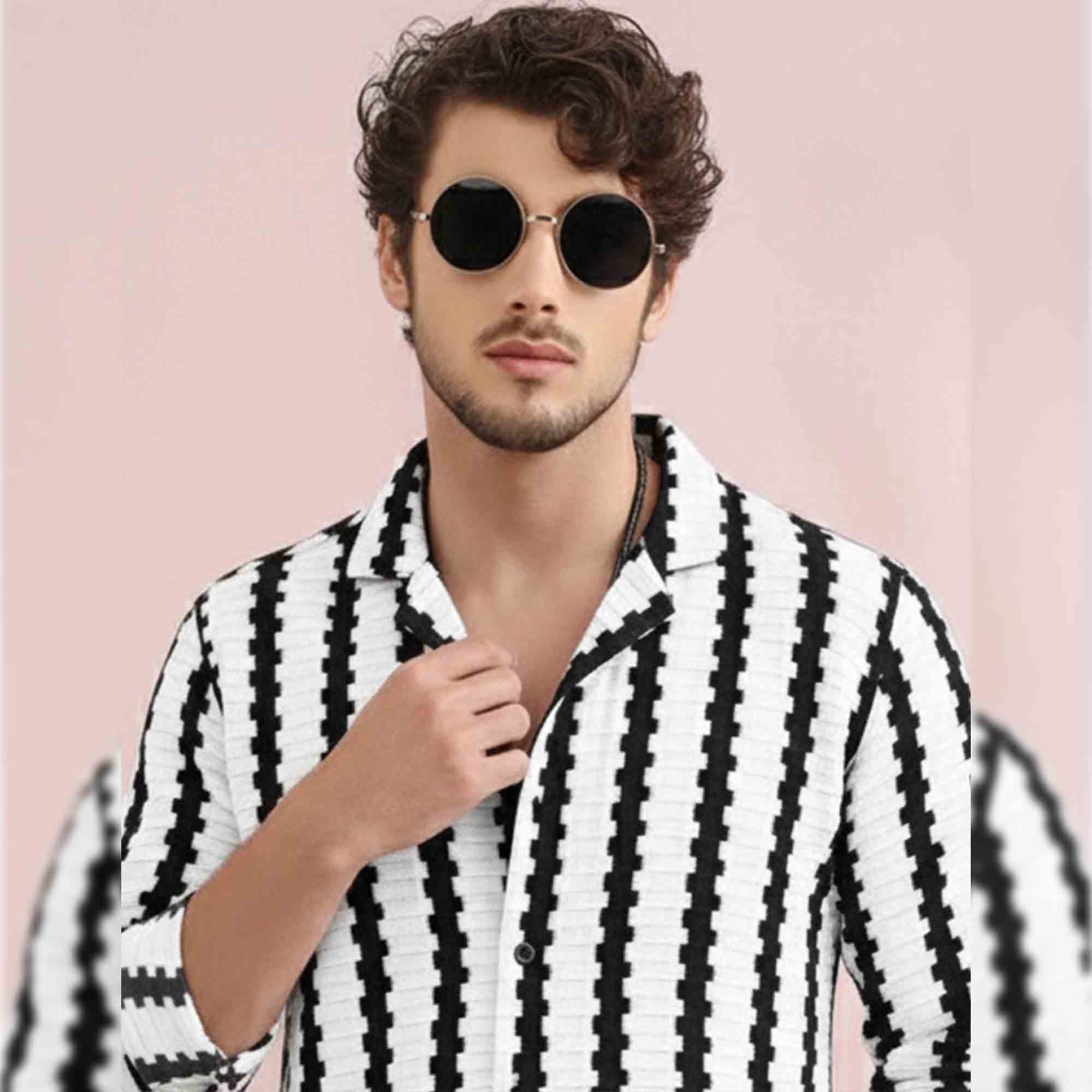 Mens Textured Striped Button Full Sleeve Shirt Black & White