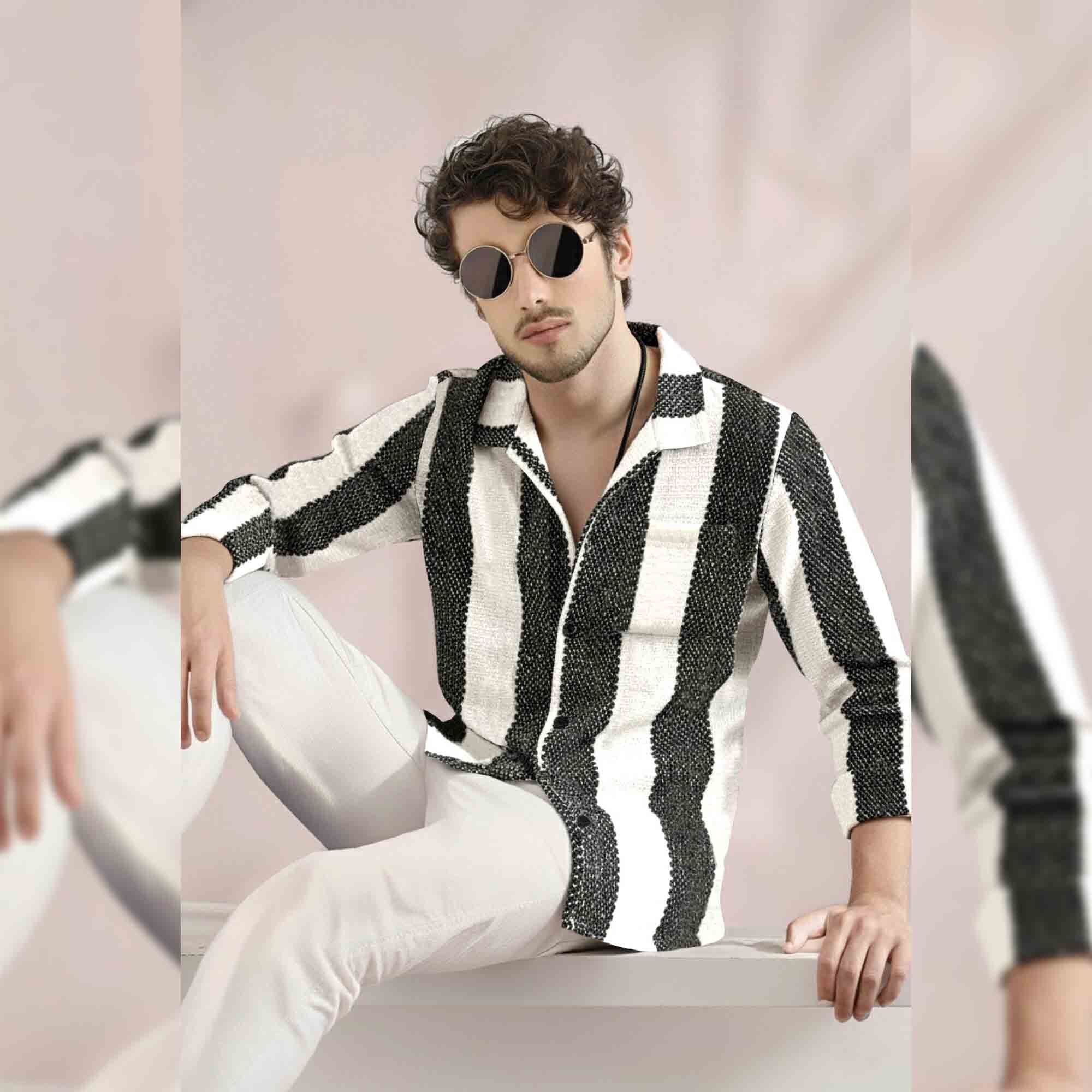 Men Regular Fit Striped Casual Textured Shirt White
