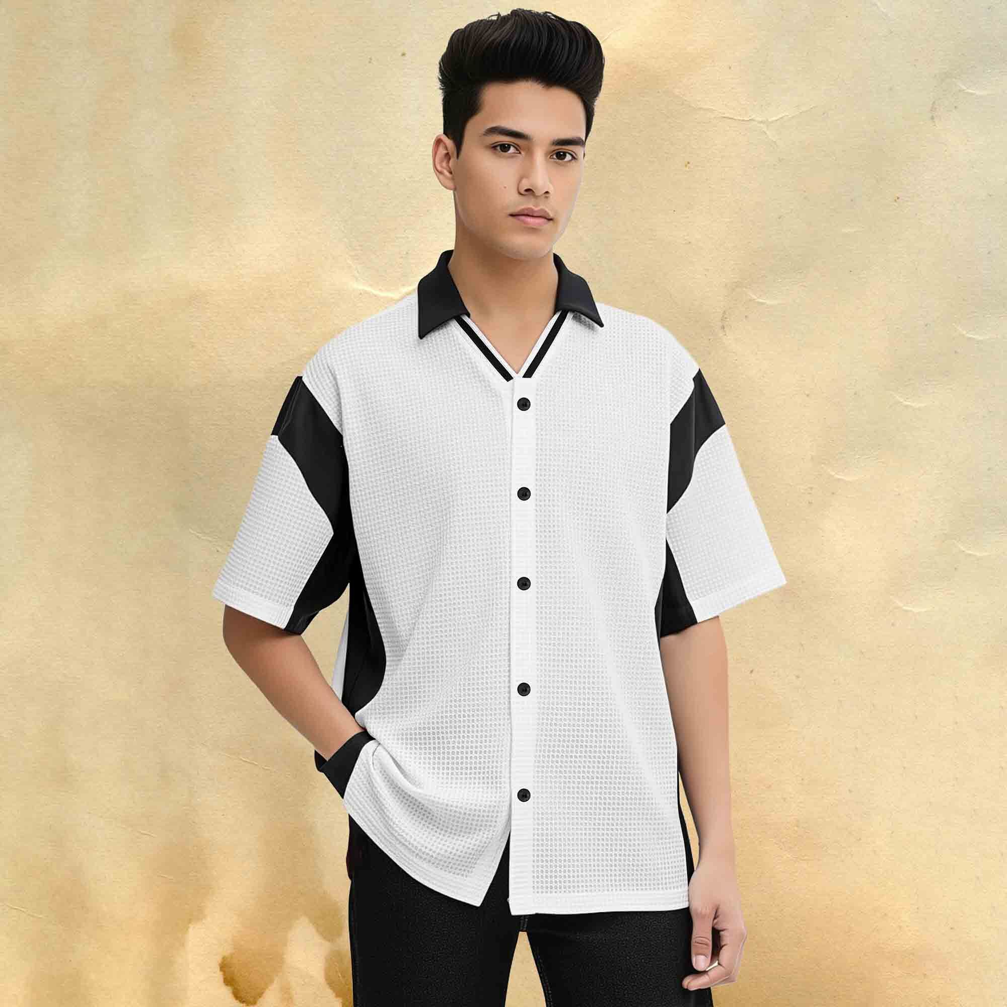 Men Half Sleeve Colorblock Shirt White