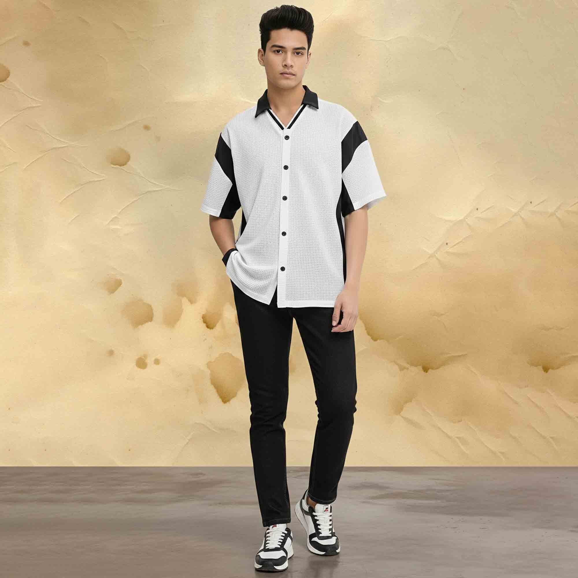 Men Half Sleeve Colorblock Shirt White