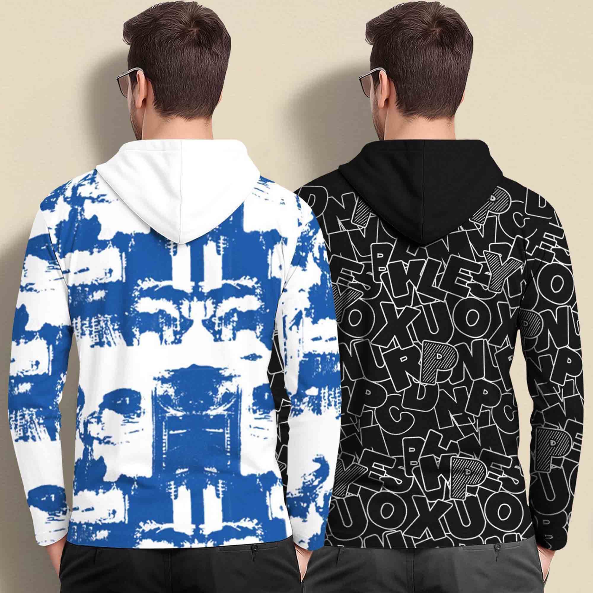 (Pack Of 2) Printed Hooded Full Sleeve T-shirt White & Black