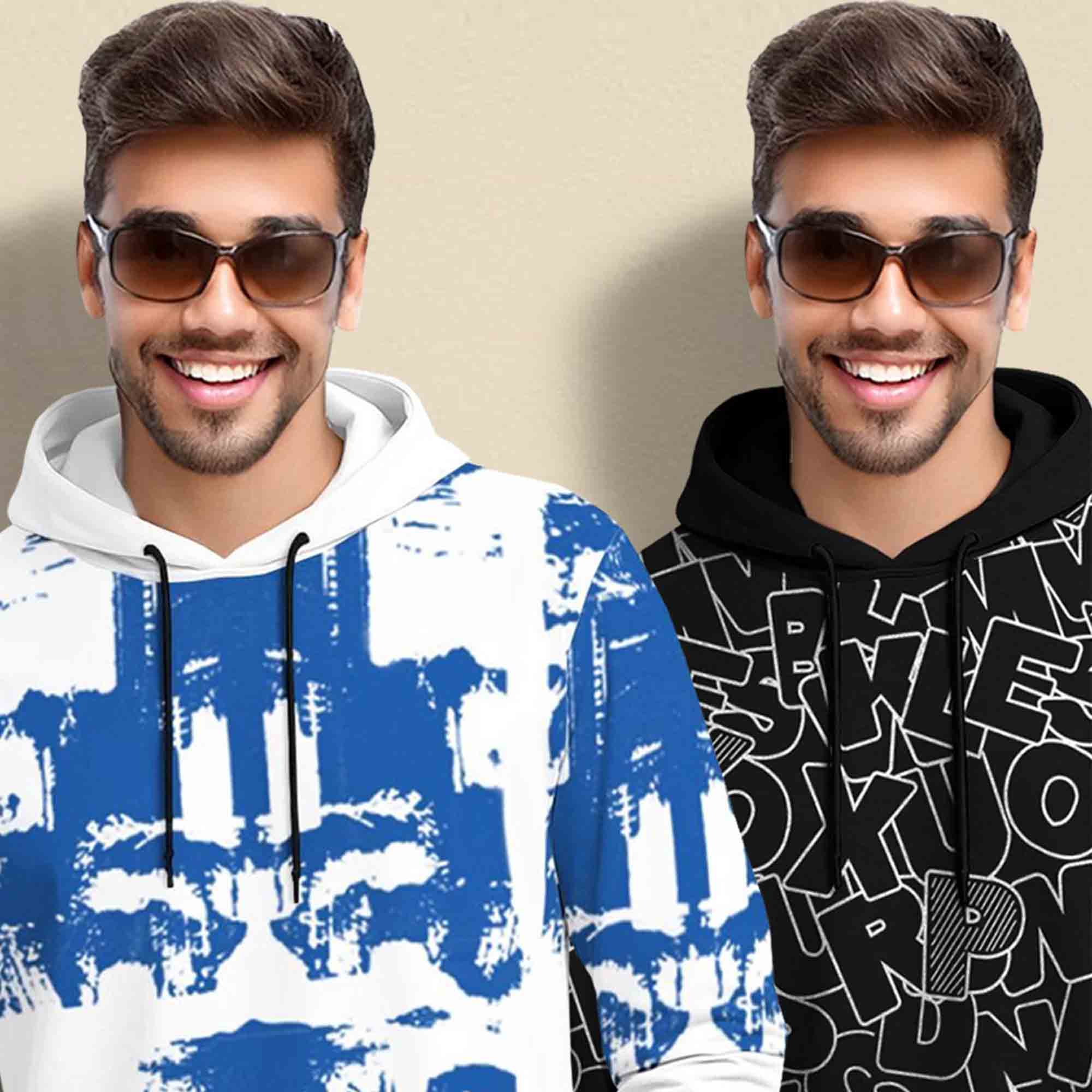 (Pack Of 2) Printed Hooded Full Sleeve T-shirt White & Black