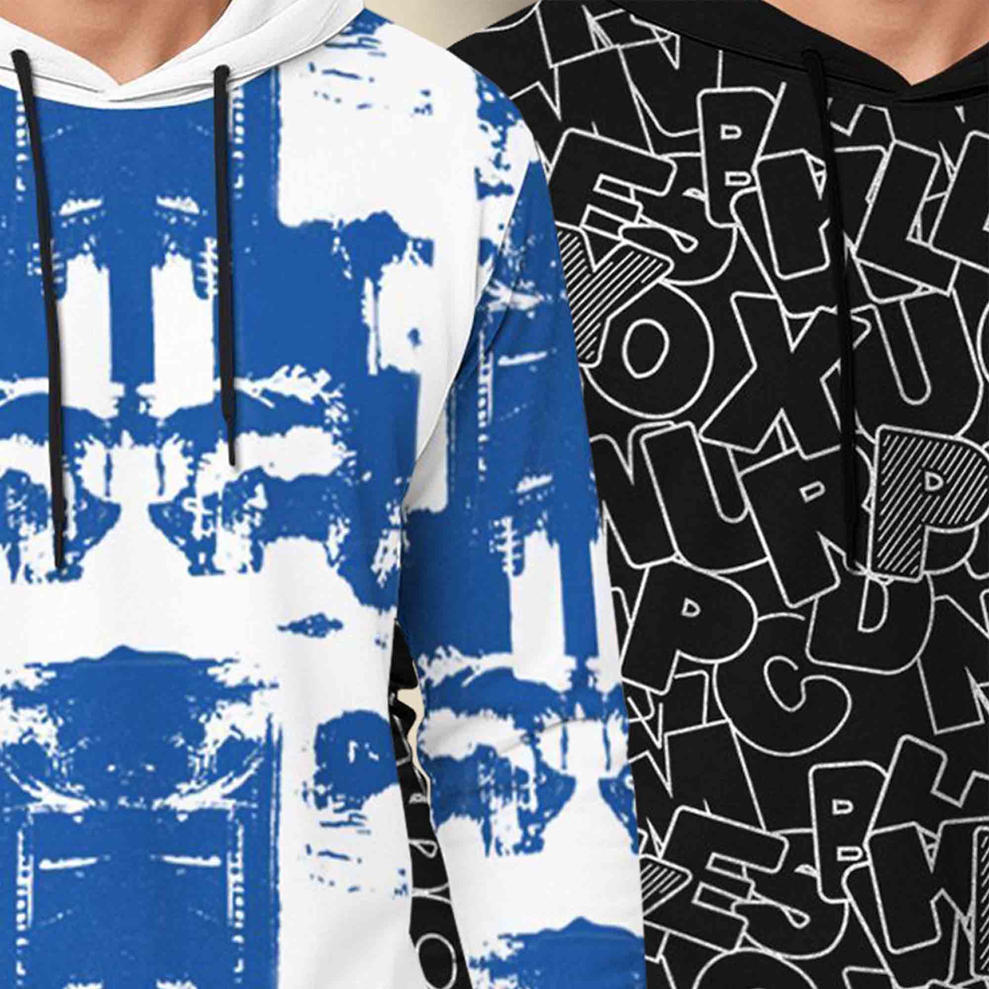 (Pack Of 2) Printed Hooded Full Sleeve T-shirt White & Black