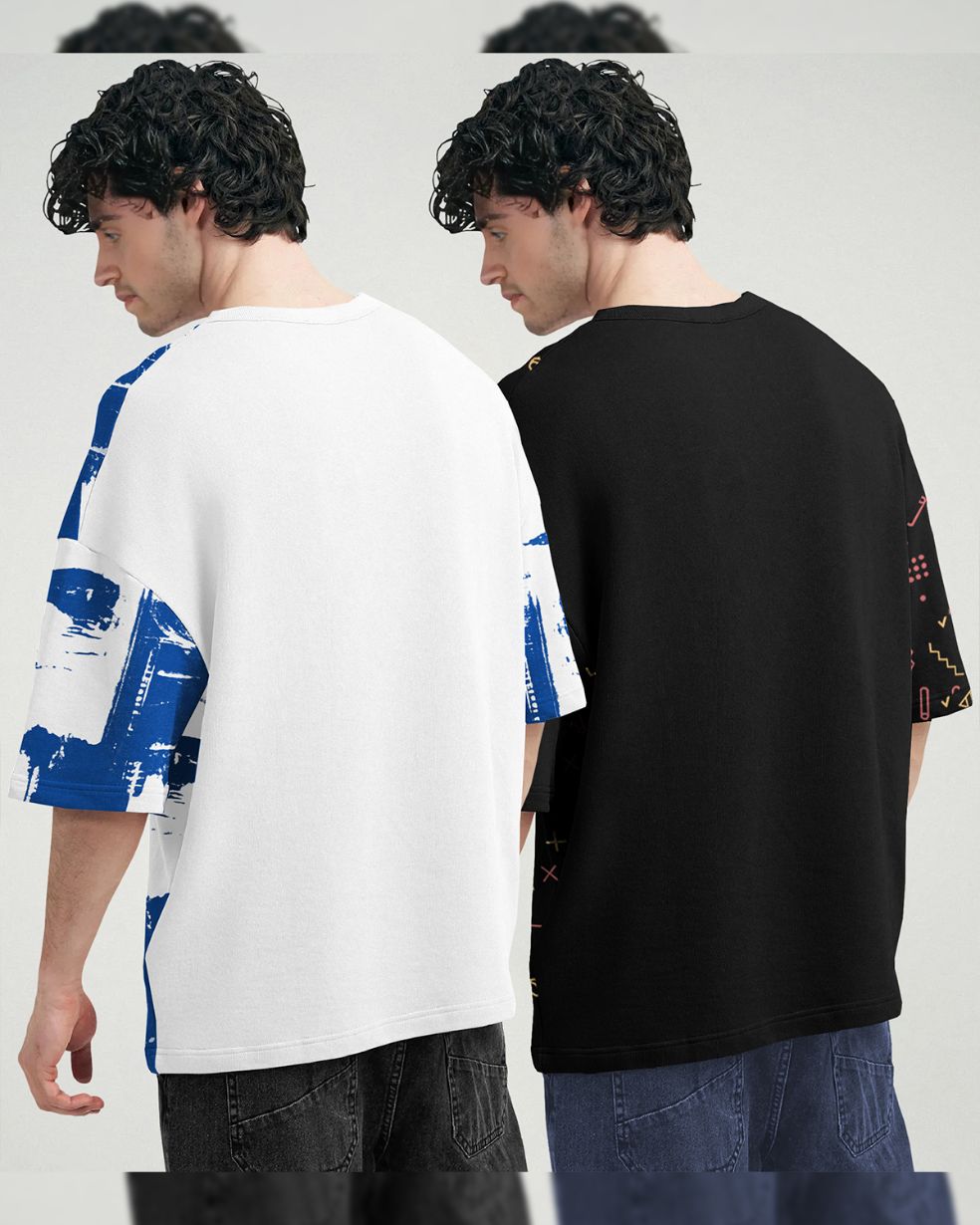 (Pack Of 2) Men Printed Oversized T-shirts / White & Black