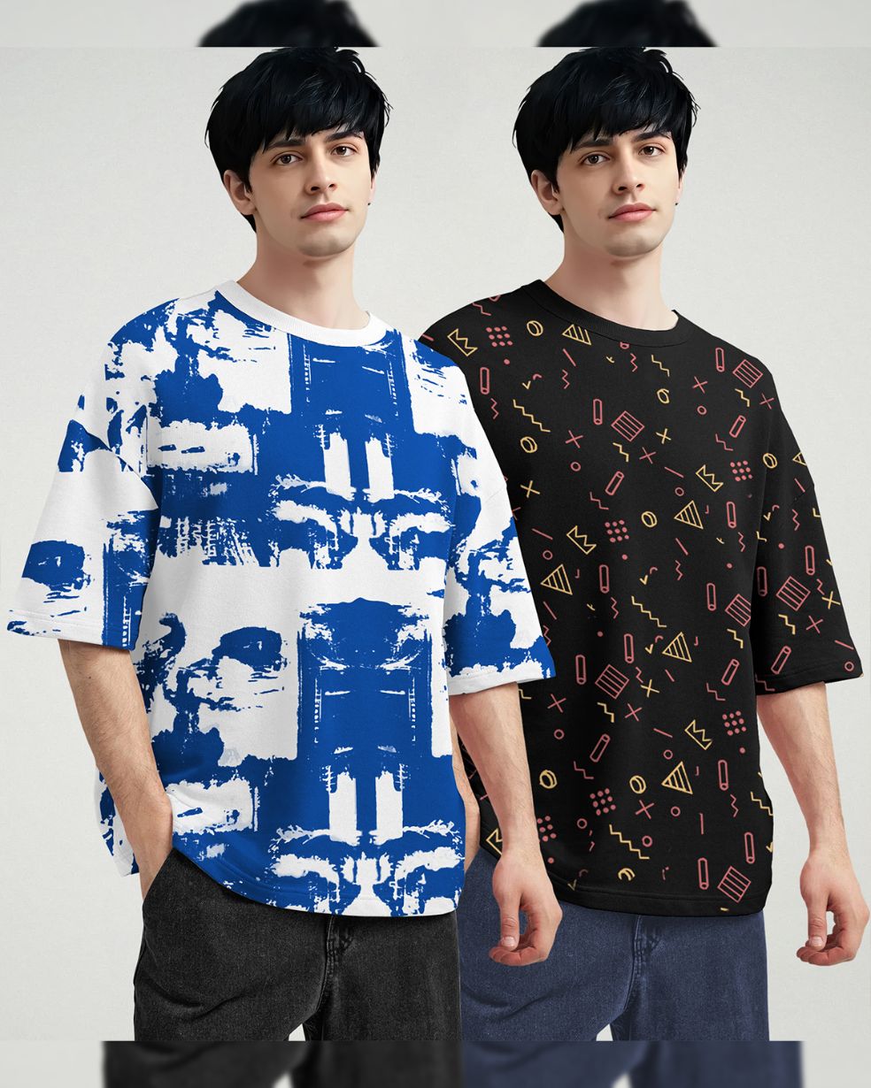 (Pack Of 2) Men Printed Oversized T-shirts / White & Black