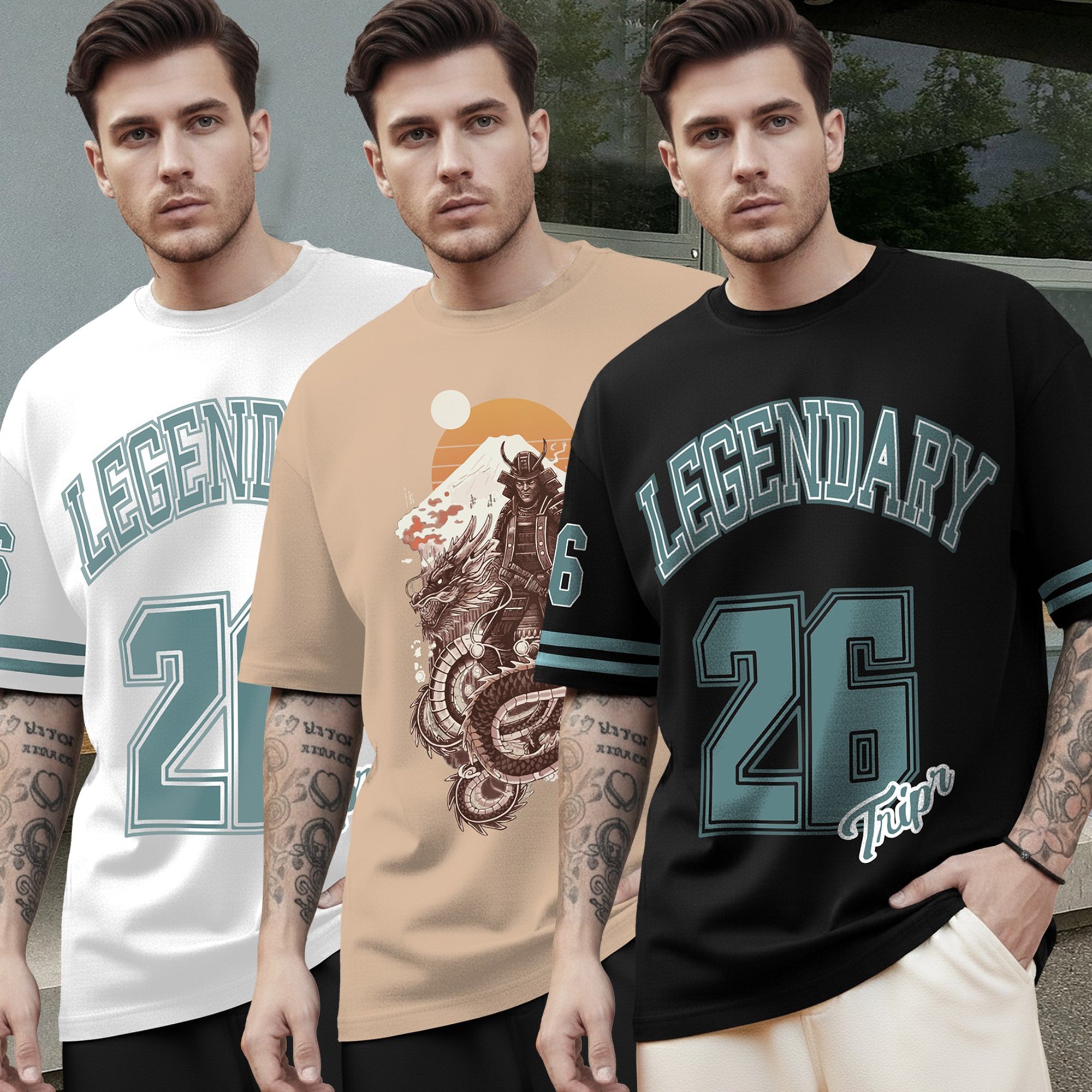 (Pack Of 3) Mens Oversized Graphic Design Back Printed T-Shirts