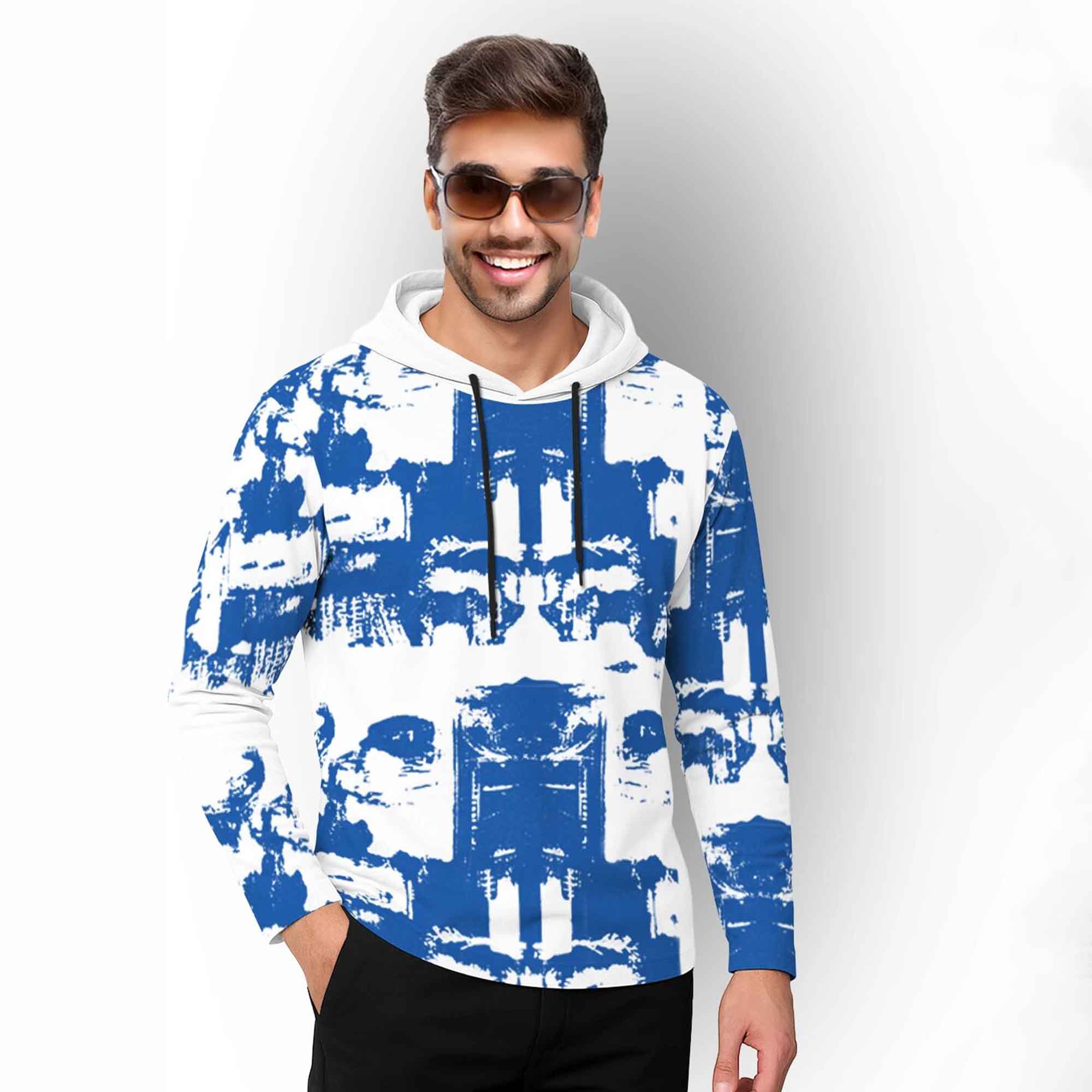 Men Printed Hooded Full Sleeve Casual T-shirt White & Blue