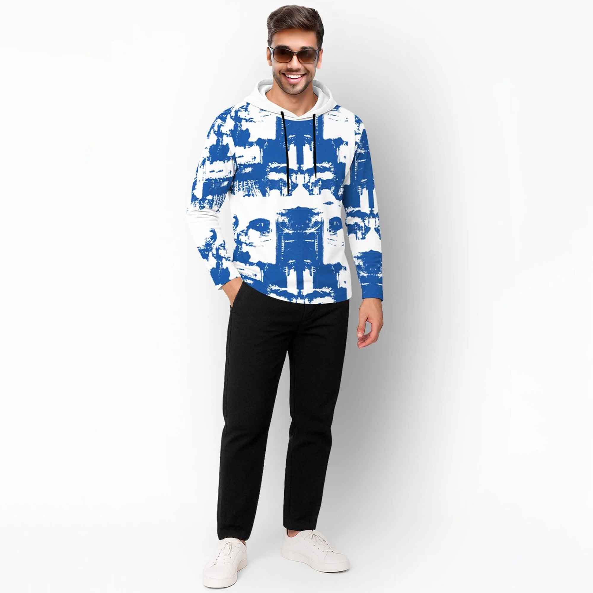 Men Printed Hooded Full Sleeve Casual T-shirt White & Blue