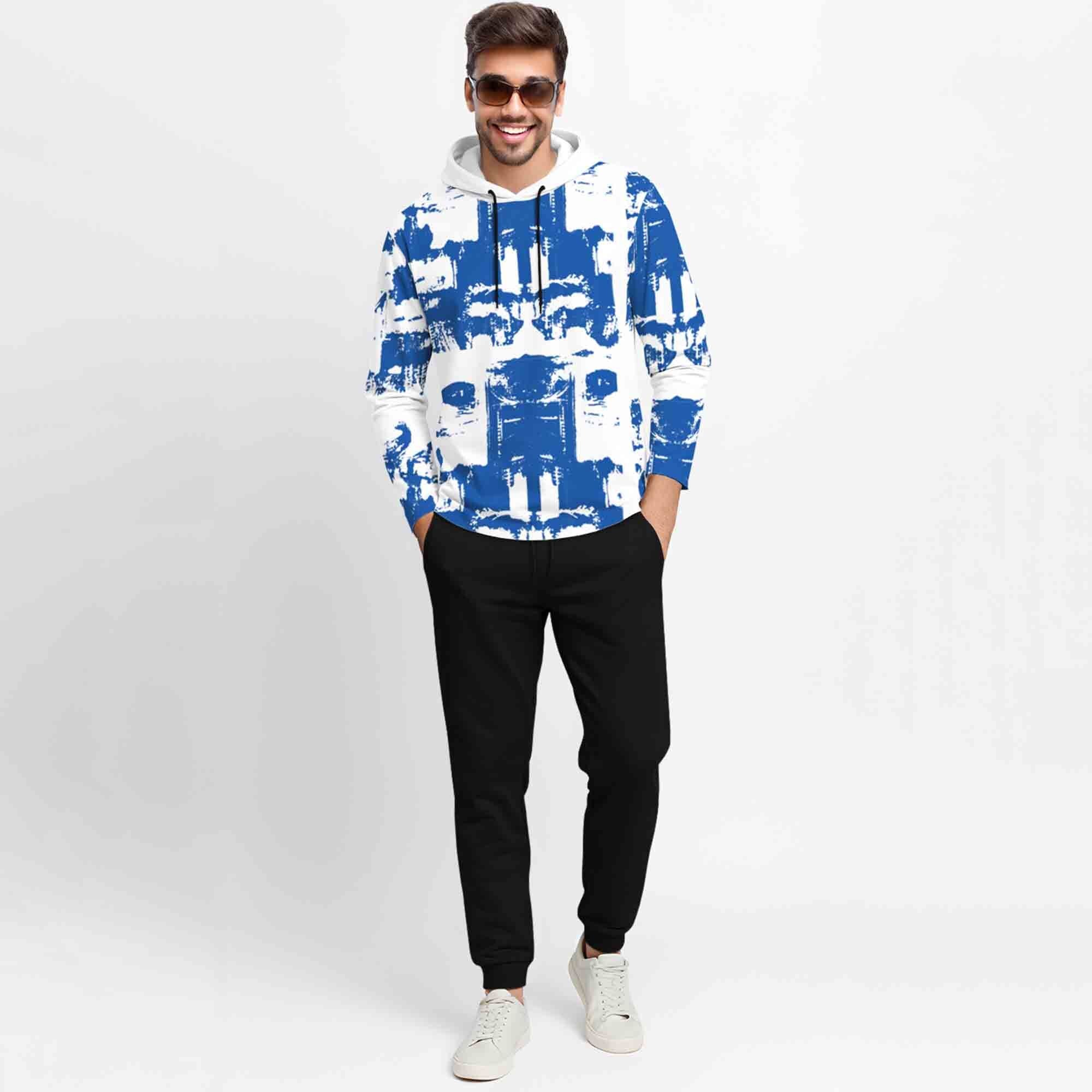 Outfit Set Full Sleeve White & Blue Hooded Printed T-shirt & Plain Black Trackpant