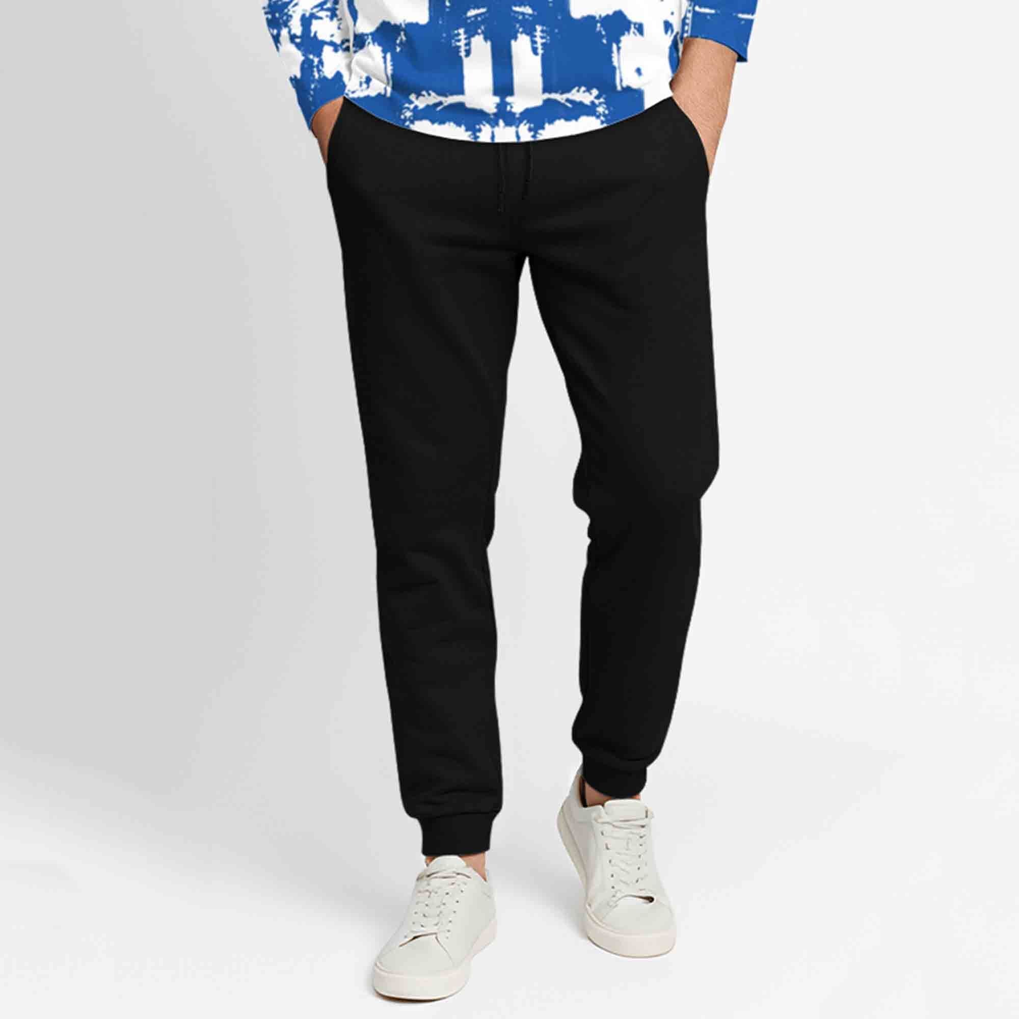 Outfit Set Full Sleeve White & Blue Hooded Printed T-shirt & Plain Black Trackpant