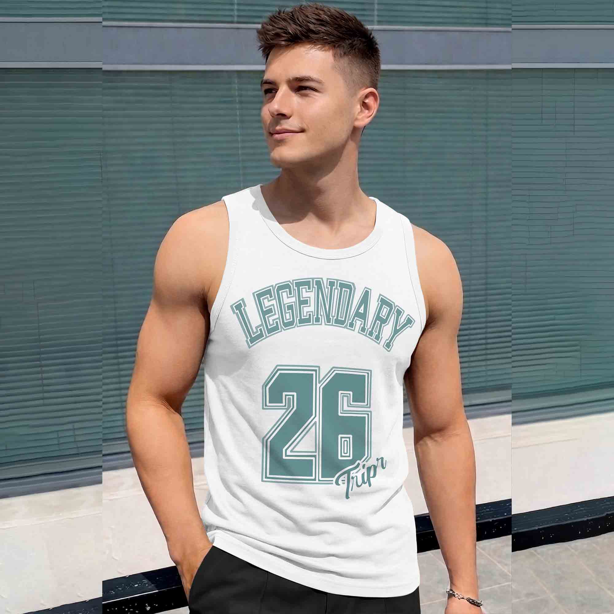 Men Scoop Neck 'LEGENDARY' Printed Vest White & Blue