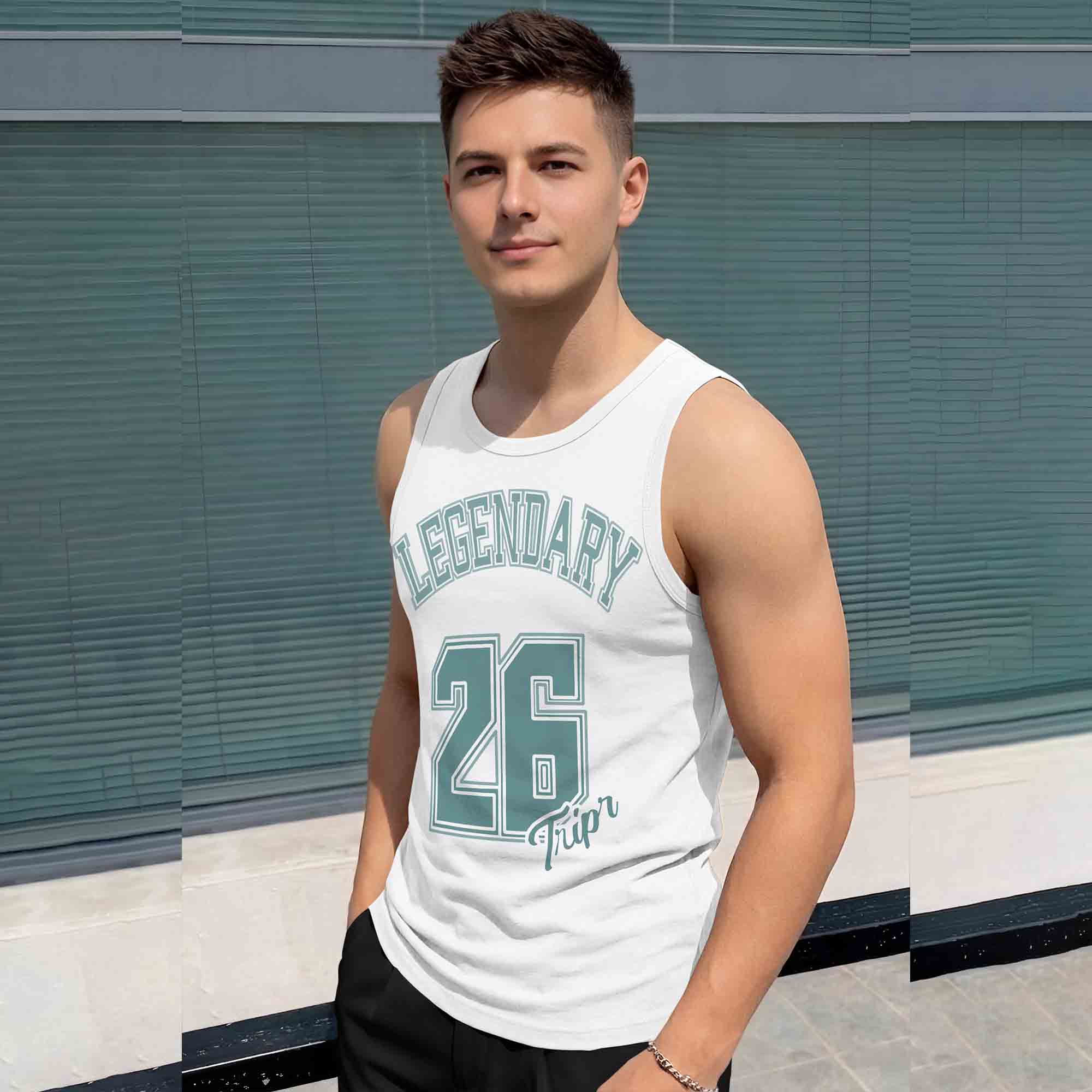 Men Scoop Neck 'LEGENDARY' Printed Vest White & Blue