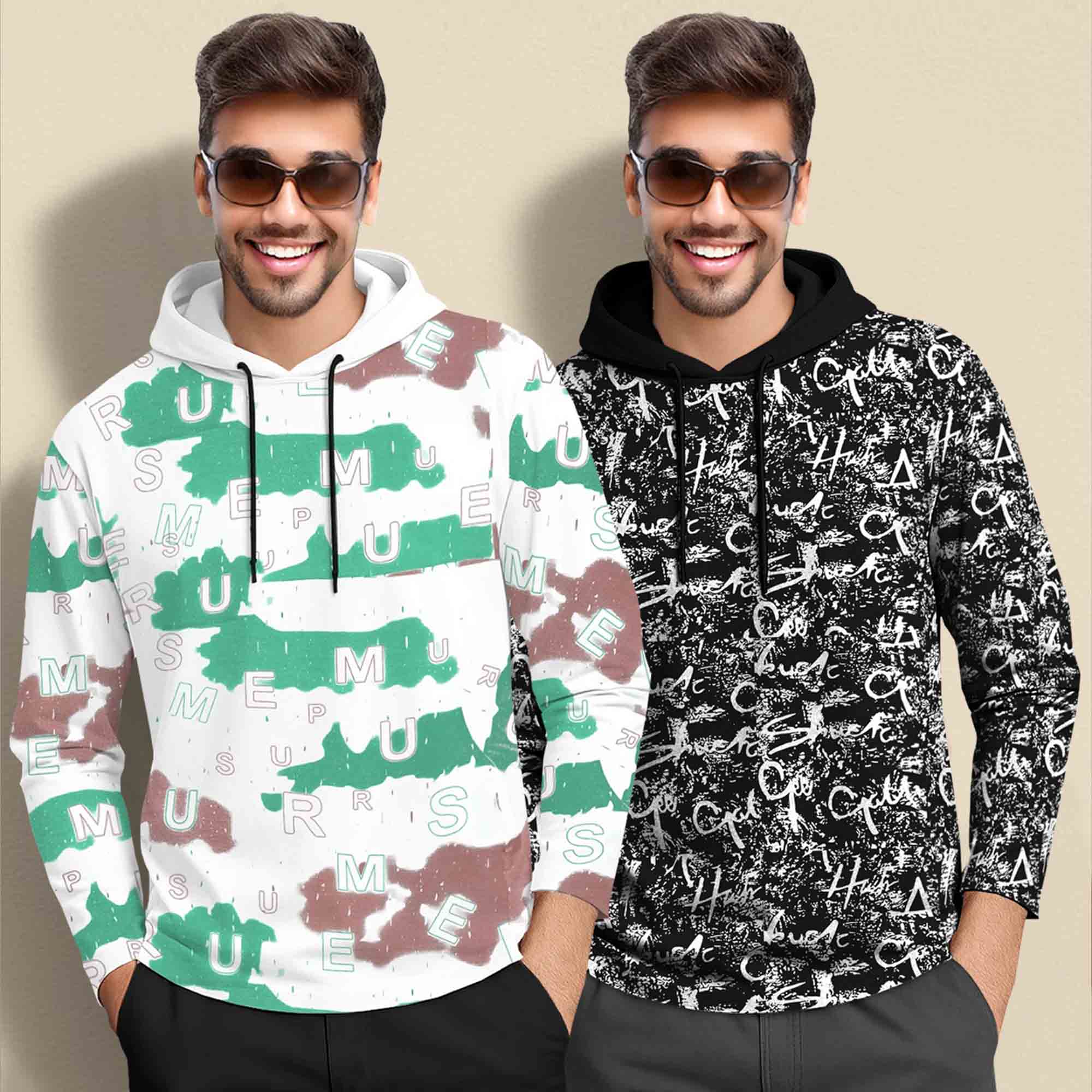 (Pack Of 2) Printed Hooded Full Sleeve T-shirt White & Black