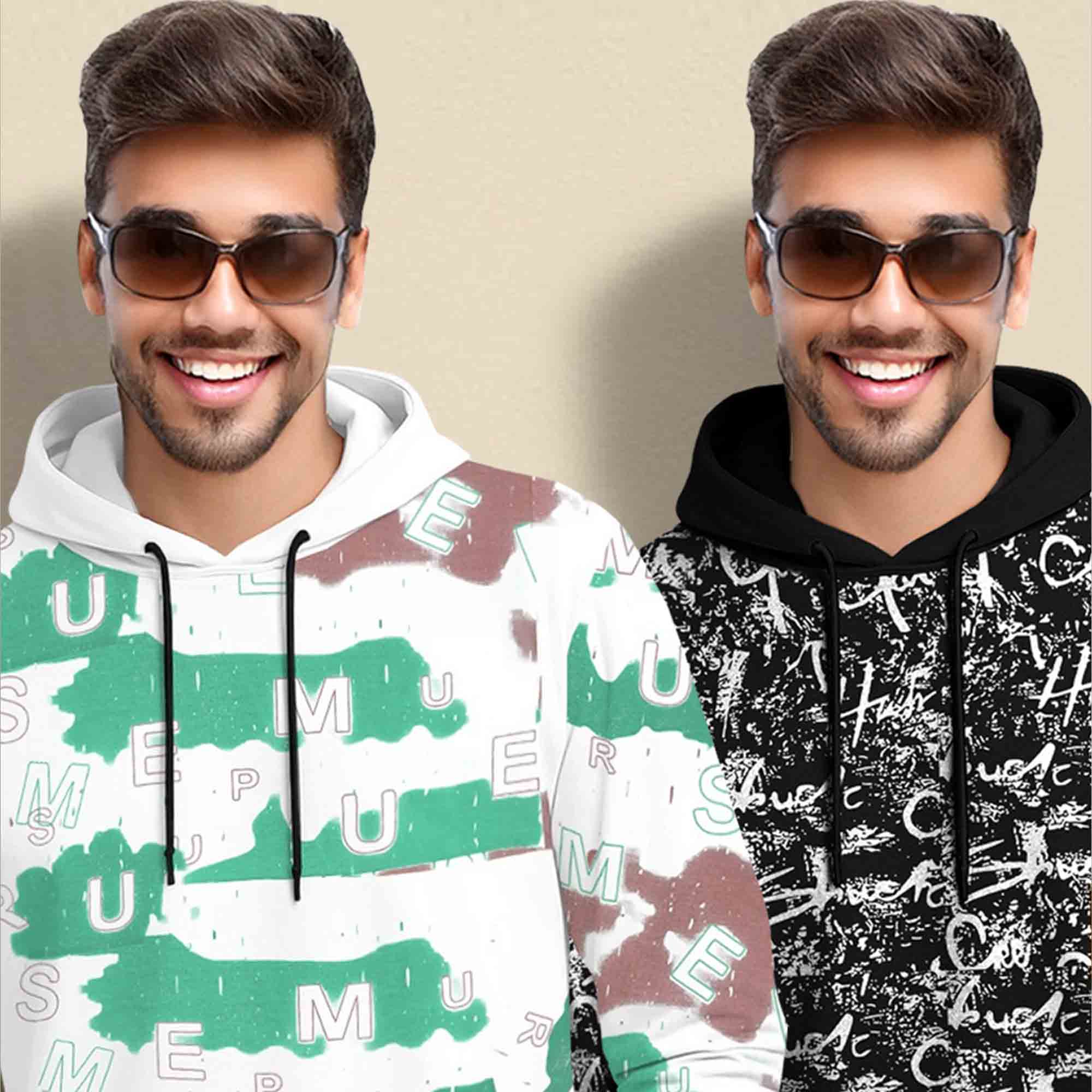 (Pack Of 2) Printed Hooded Full Sleeve T-shirt White & Black