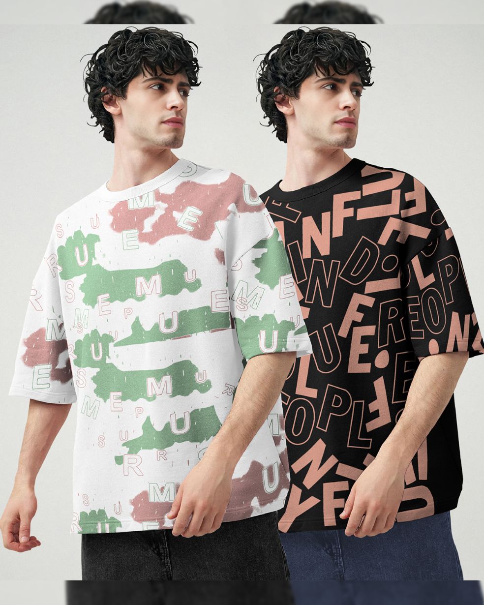 Pack Of 2 Printed & Solid Oversized Combo T-shirts