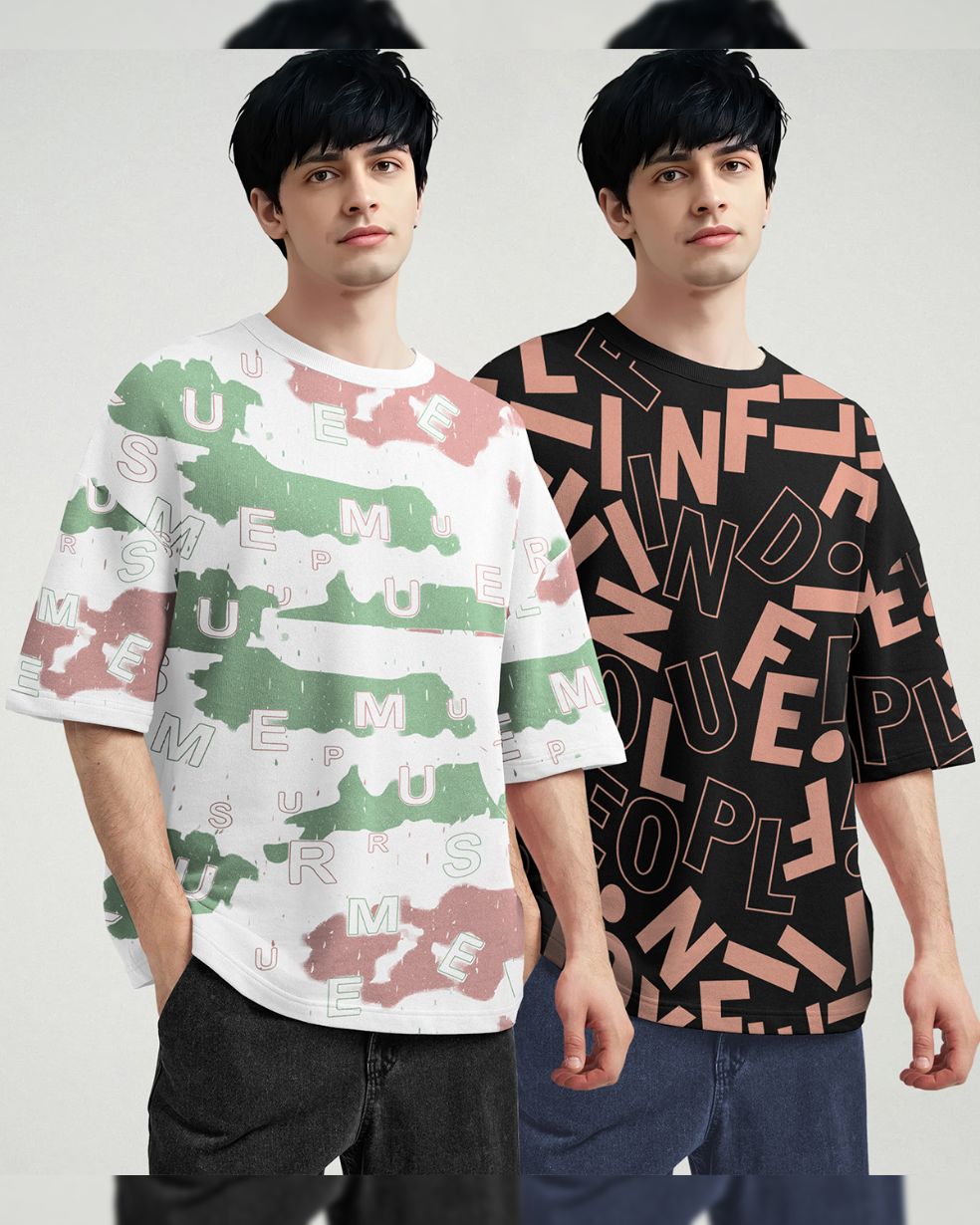 (Pack Of 2) Men Printed White & Black Oversized T-shirts
