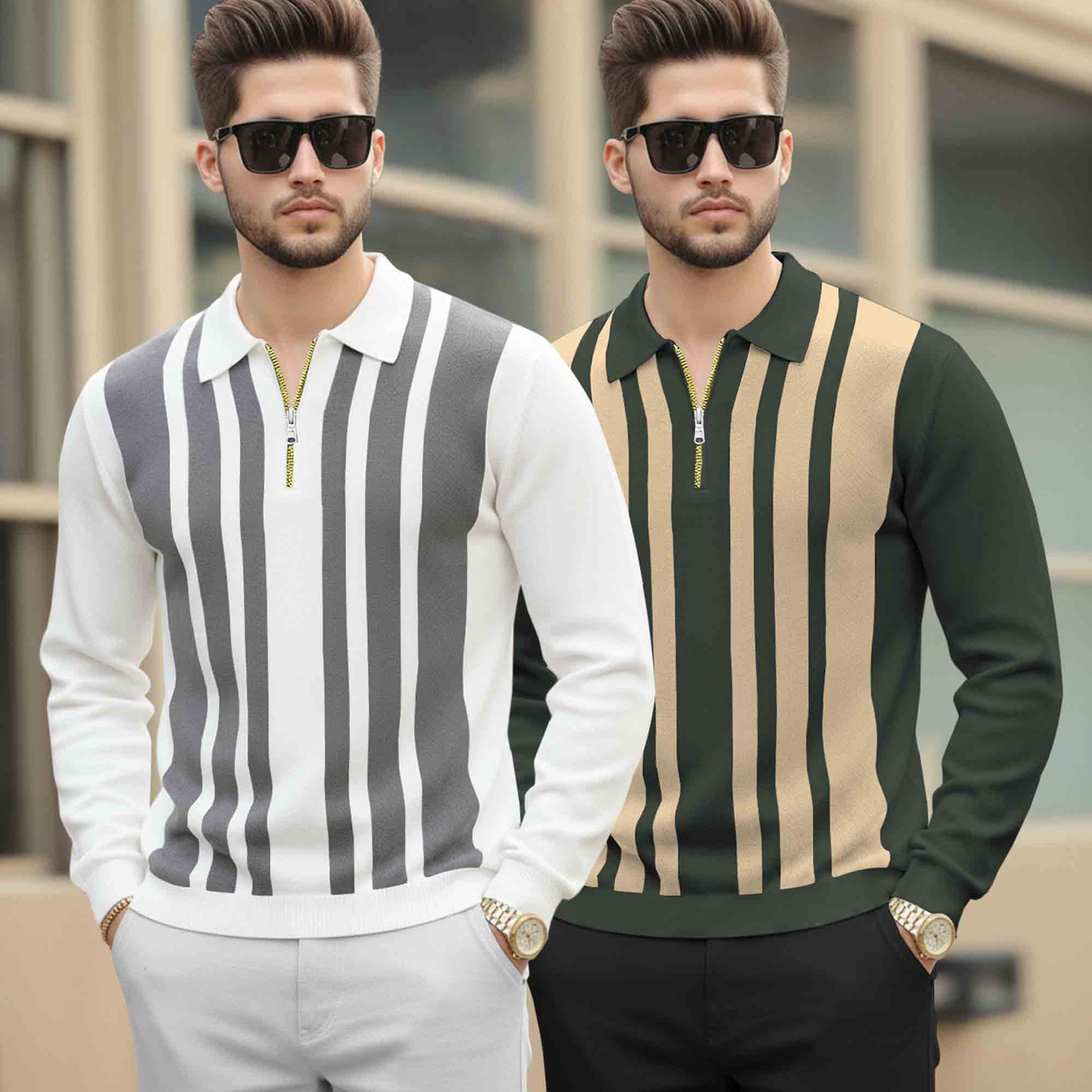 (Pack Of 2) Quarter Zip Polo Neck Vertical Striped Full Sleeve Combo Tshirts - 6 Variants